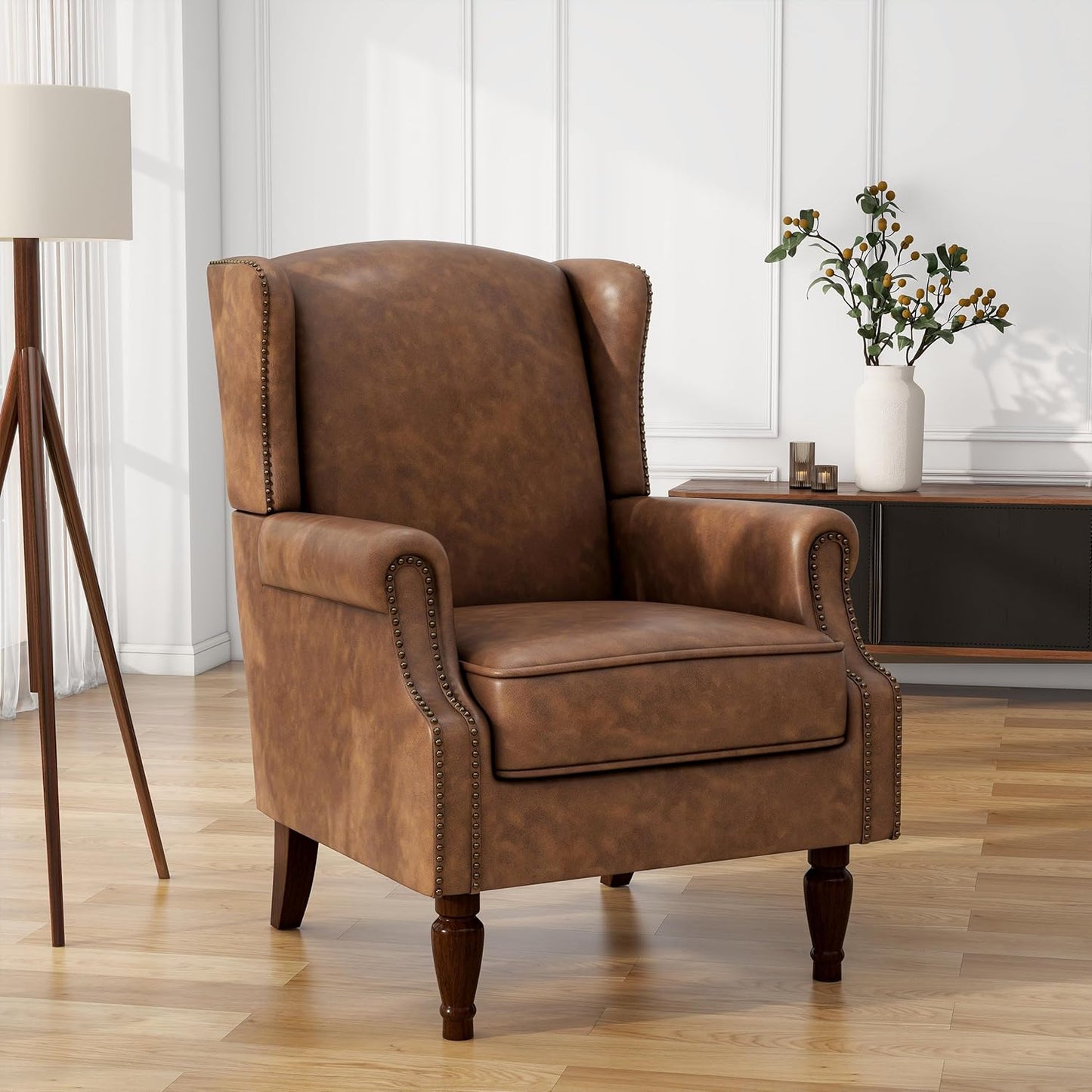 UIXE PU Leather High Back Accent Chair, Upholstered Armchair for Living Room, Retro Wingback Arm Chair Nailhead Trim Single Sofa Bedroom Reading Seat with Solid Wood Legs - Brown