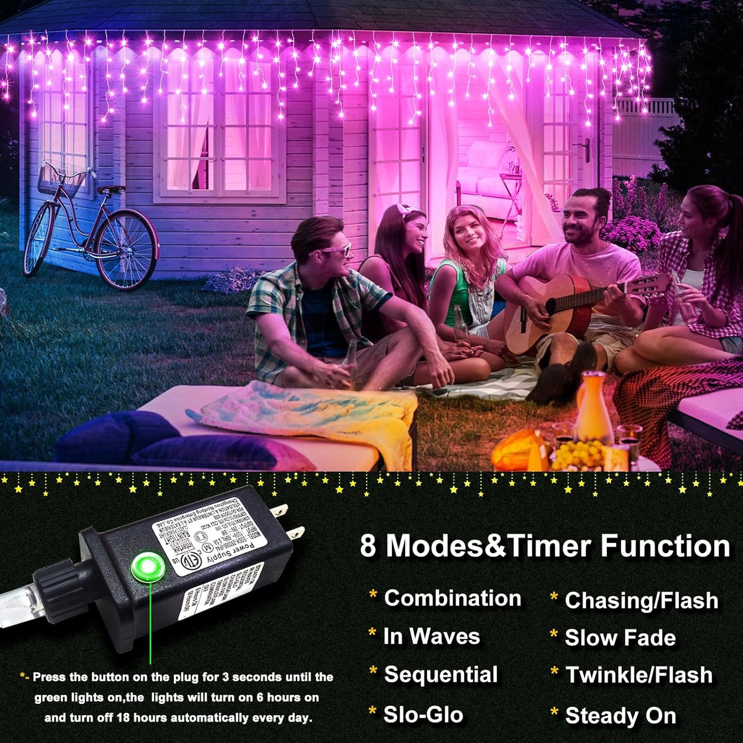 Icicle Christmas Lights Outdoor 33ft 400 LED Pink Christmas Lights for Outside 8 Modes with 75 Drops, Waterproof Icicle Light Plug in for Indoor Party House Christmas Decorations