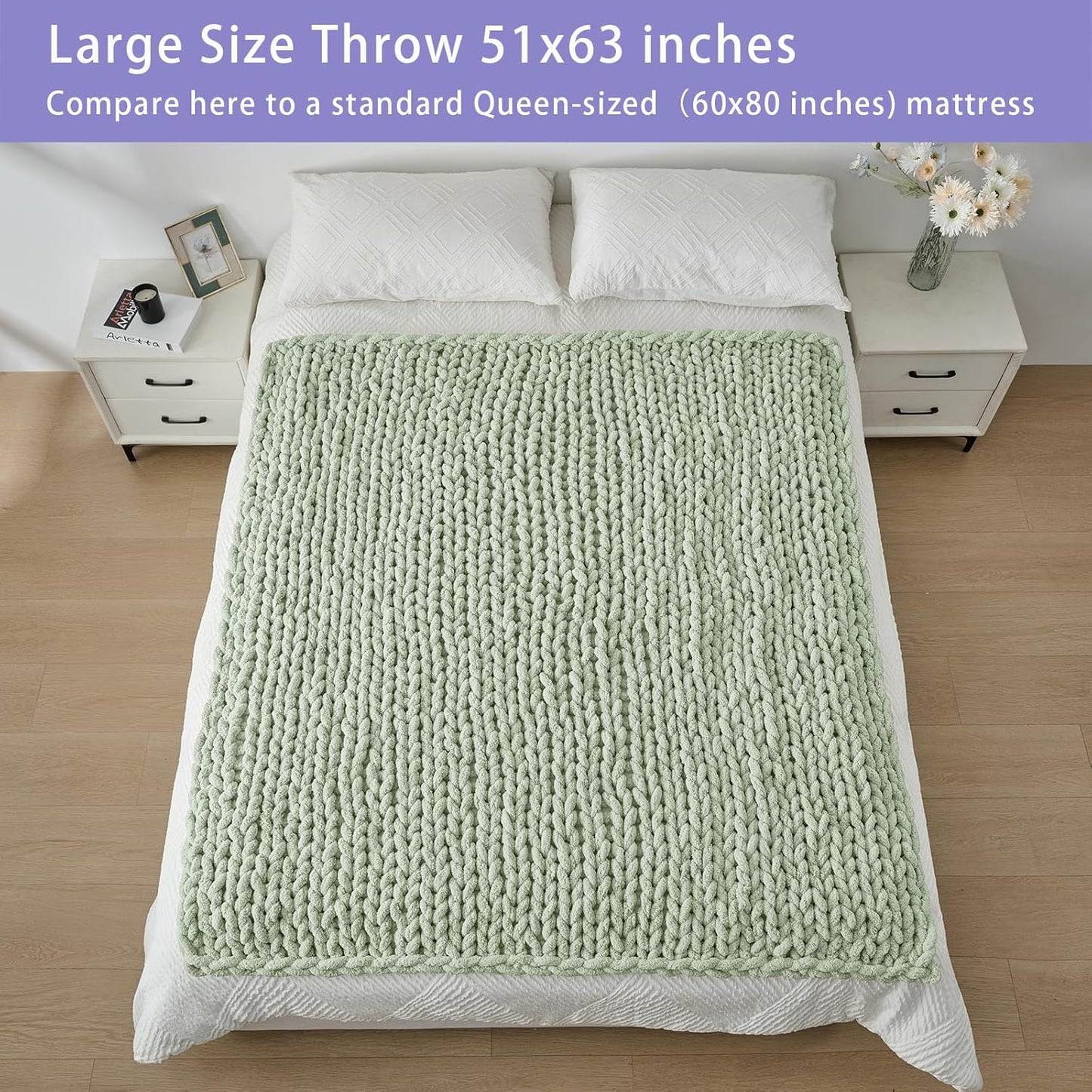 Bigacogo Chunky Knit Throw Blanket for Couch, 51x63 inches, 100% Hand Knitted with Thick Jumbo Chenille Yarn, Cozy Soft Large Rope Knot Cable Crochet Blankets for Sofa Bed Living Room, Sage Green