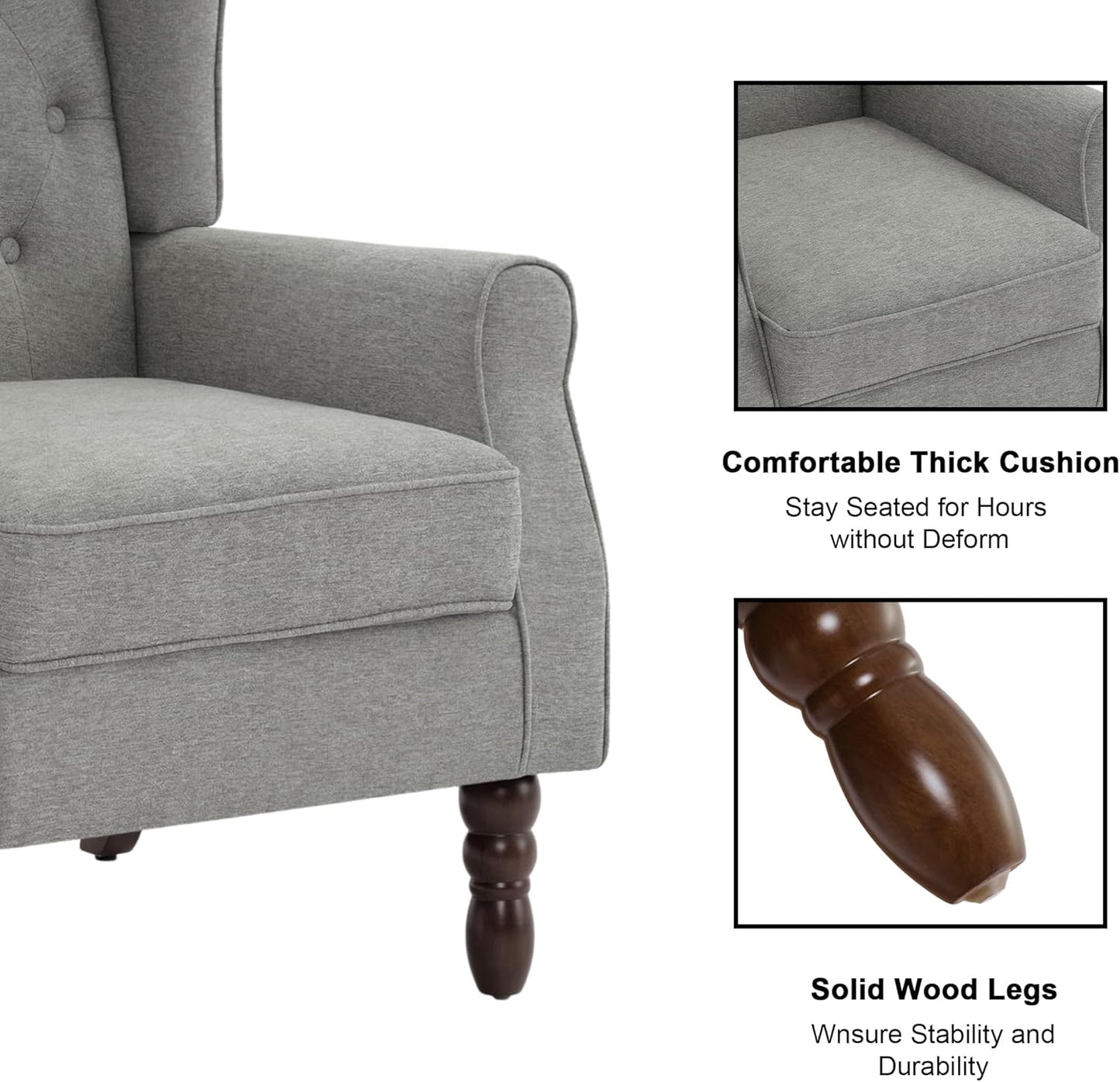 Accent Chair, Upholstered Armchair with Button Tufted High Back & Solid Wood Legs, Comfy Wingback Reading Single Sofa Chair for Small Spaces, Living Room, Bedroom (Light Grey, Set of 2)