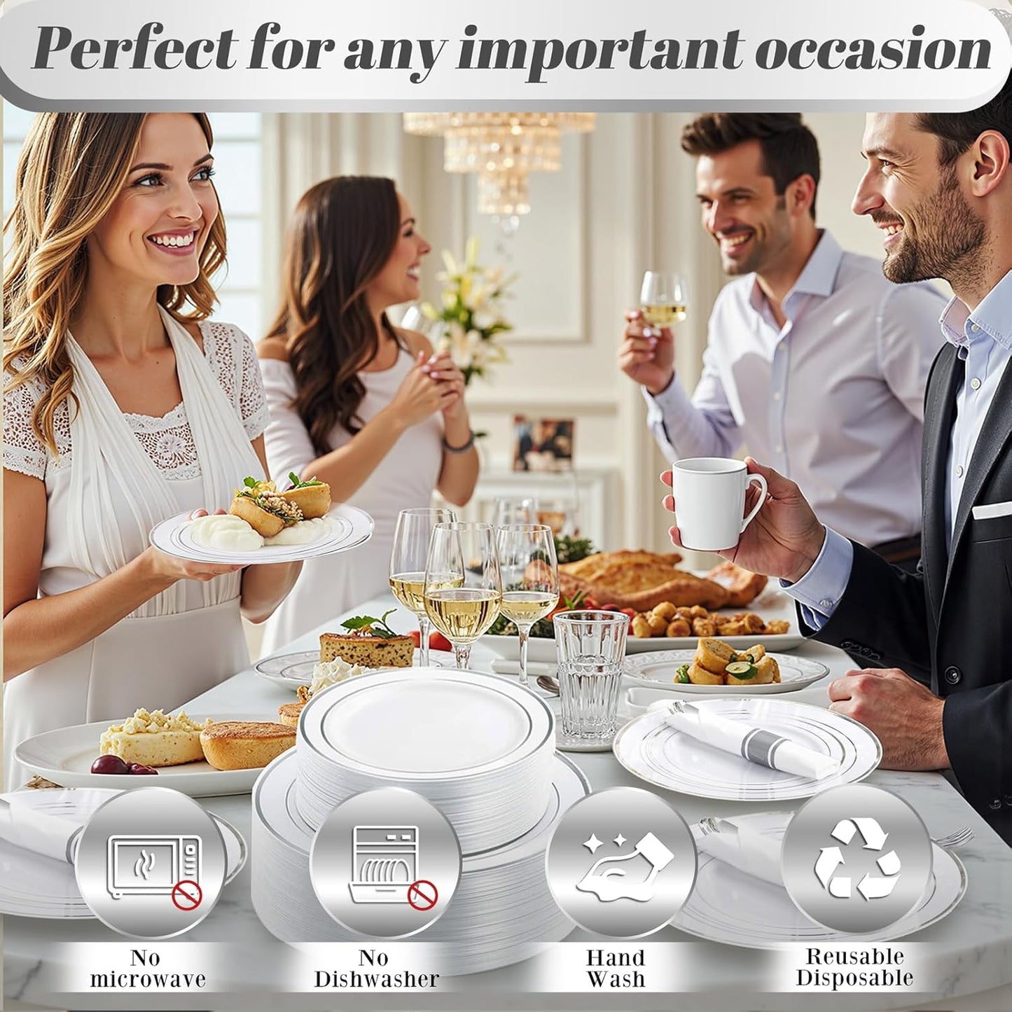 350Piece Silver Plastic Dinnerware Set for 50 Guests - Silver Plastic Plates with Cutlery Include:50Dinner Plates-50Dessert Plates-50Pre Rolled Napkins with Silverware