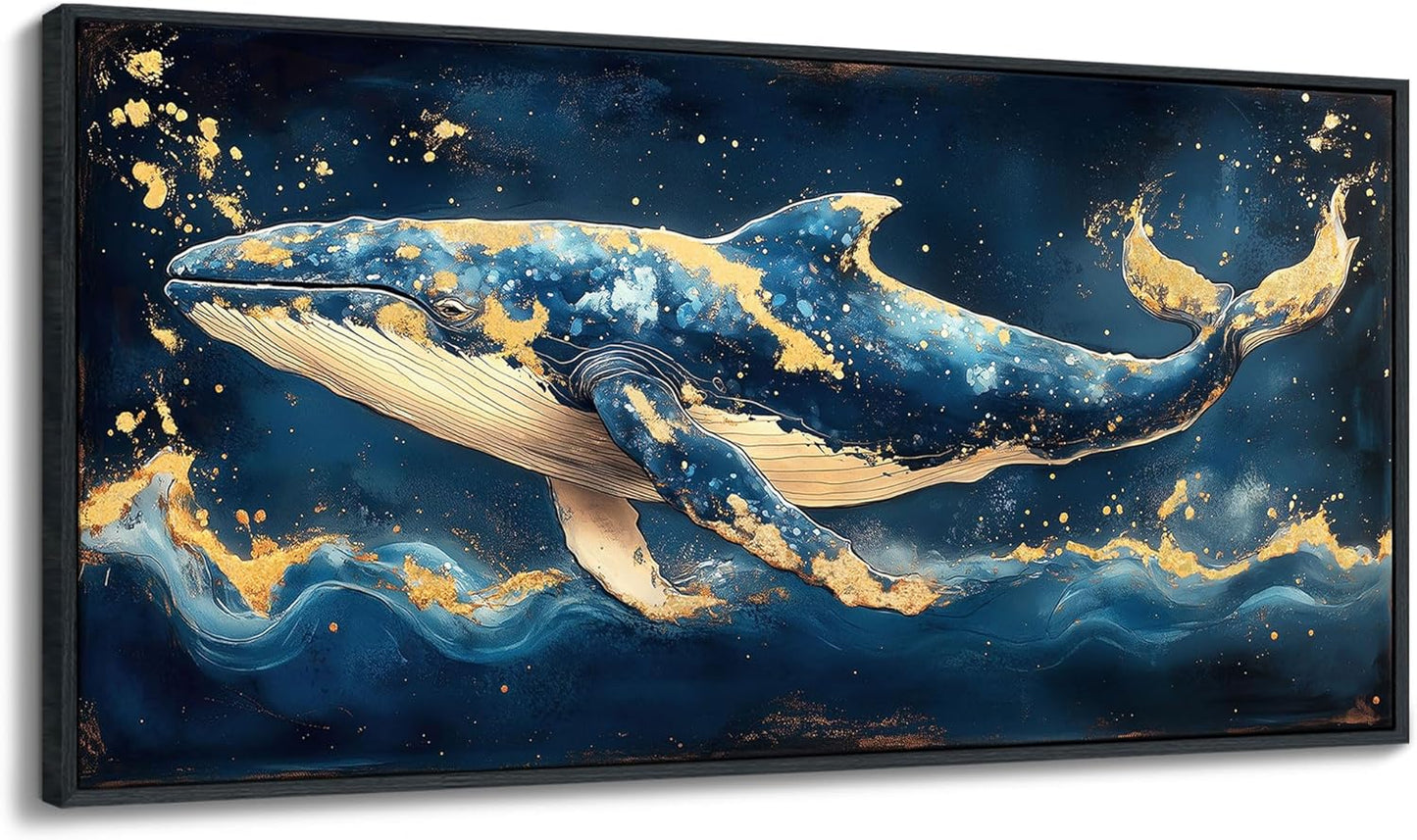 JEAWA Large Framed Canvas Painting - Marine Animal Wall Art Decor, Blue White Gold Whale Picture, Modern Art Prints for Living Room Bedroom Bathroom Home Decoration, 29x58 IN