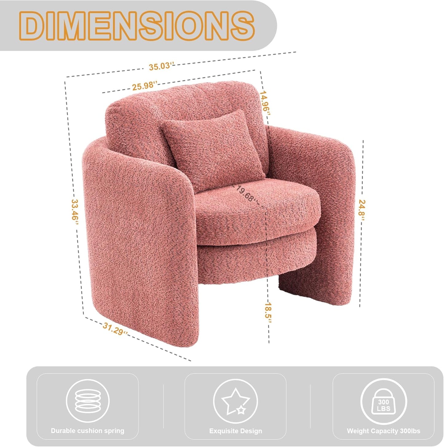 Chenille Accent Armchair Oversize Upholstered Barrel Comfy Modern Round Lounge Sofa Chair with Pillow Cozy Reading Chairs for Apartment,Office,Living Room,Dining,Makeup,Club,Pink 2SET
