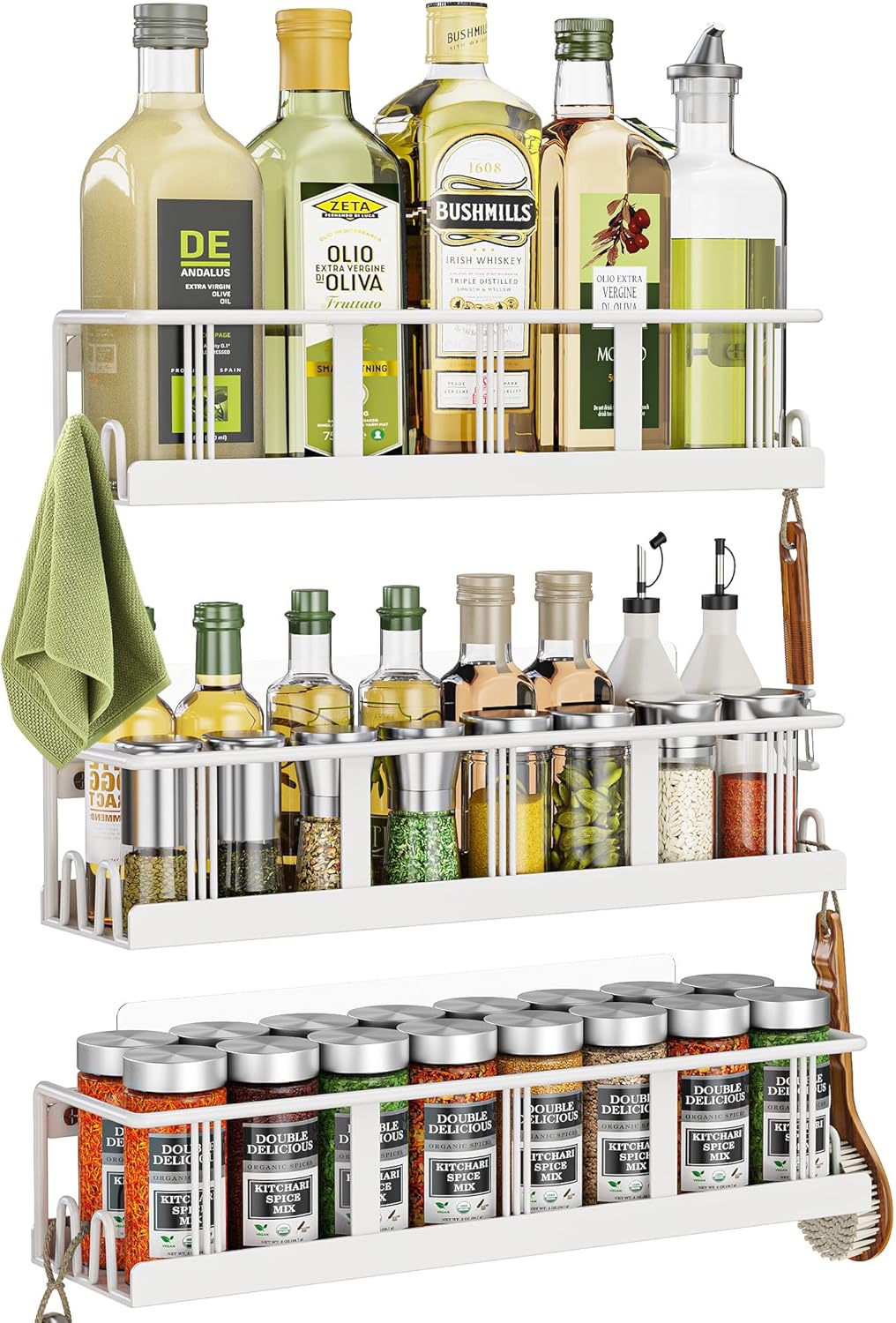 Spice Rack Wall Mounted 3 Pack, Space-Saving Spice Organizer for Spice Jars and Seasonings,Screw or Adhesive Hanging Spice Rack Organizer for Your Kitchen Cabinet,or Pantry Door White