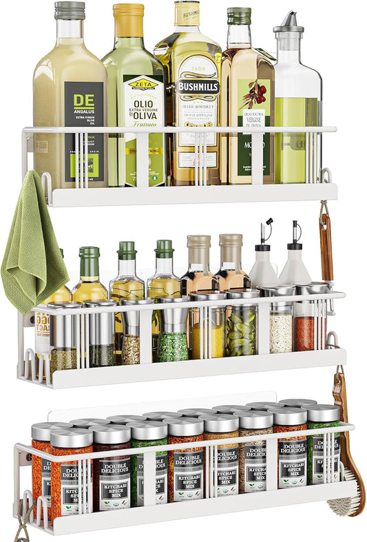 Spice Rack Wall Mounted 3 Pack, Space-Saving Spice Organizer for Spice Jars and Seasonings,Screw or Adhesive Hanging Spice Rack Organizer for Your Kitchen Cabinet,or Pantry Door White