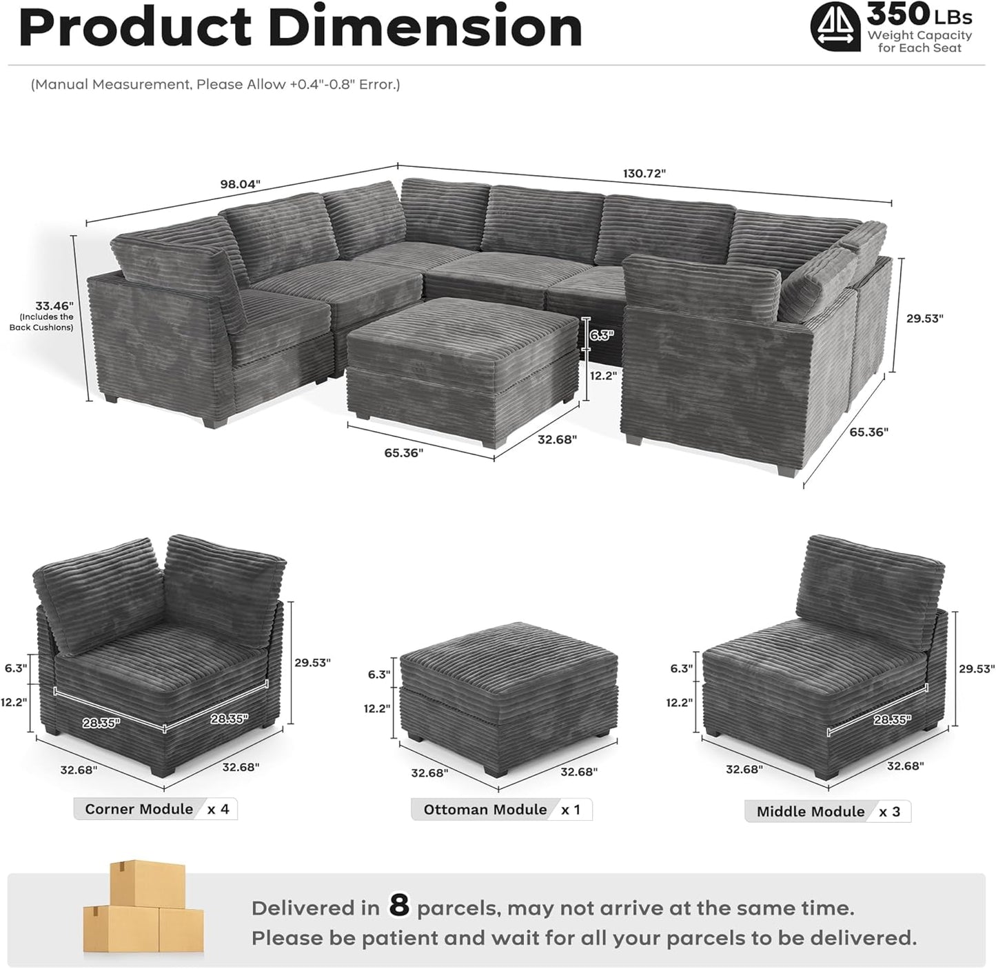 ovios Sectional Sofa Couch with U-Shape Chaise Sofa Bed, Comfy Modular Cloud Couches with Deep Seat, Modern Upholstered Plush Corduroy Sofas Set for Living Room, 8-Seater, Grey