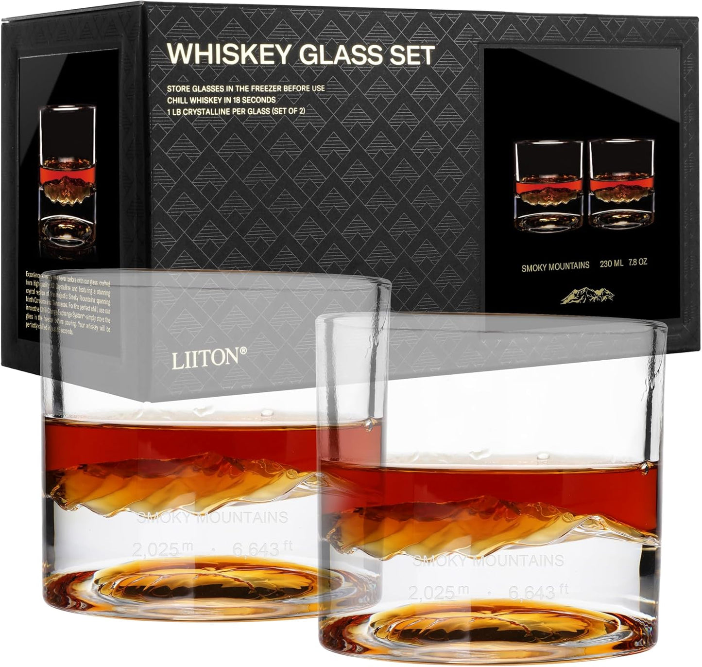 Smoky Mountain Heavy Crystal Whiskey Glasses Gift Set of 2, Thick Freezable Bourbon Glass 1lb Each, Premium Whiskey Gifts for Men, Frozen Crystal Chills Cocktails, 10 oz