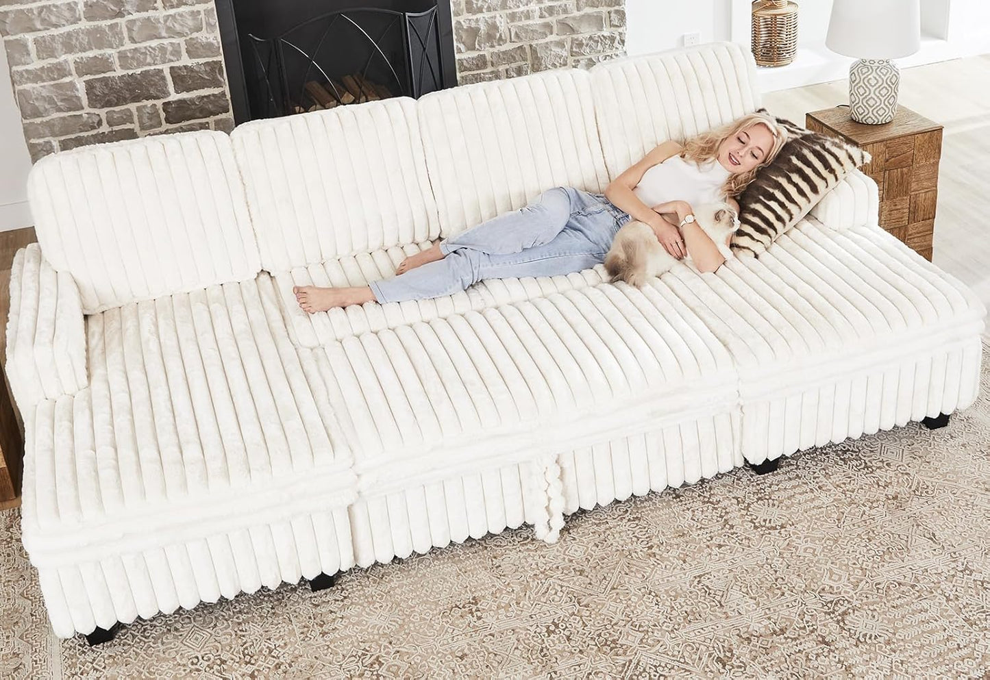 Belffin Modular Sectional Sleeper Sofa with Pull Out Couch Bed Corduroy Double Chaise with Storage White Couch