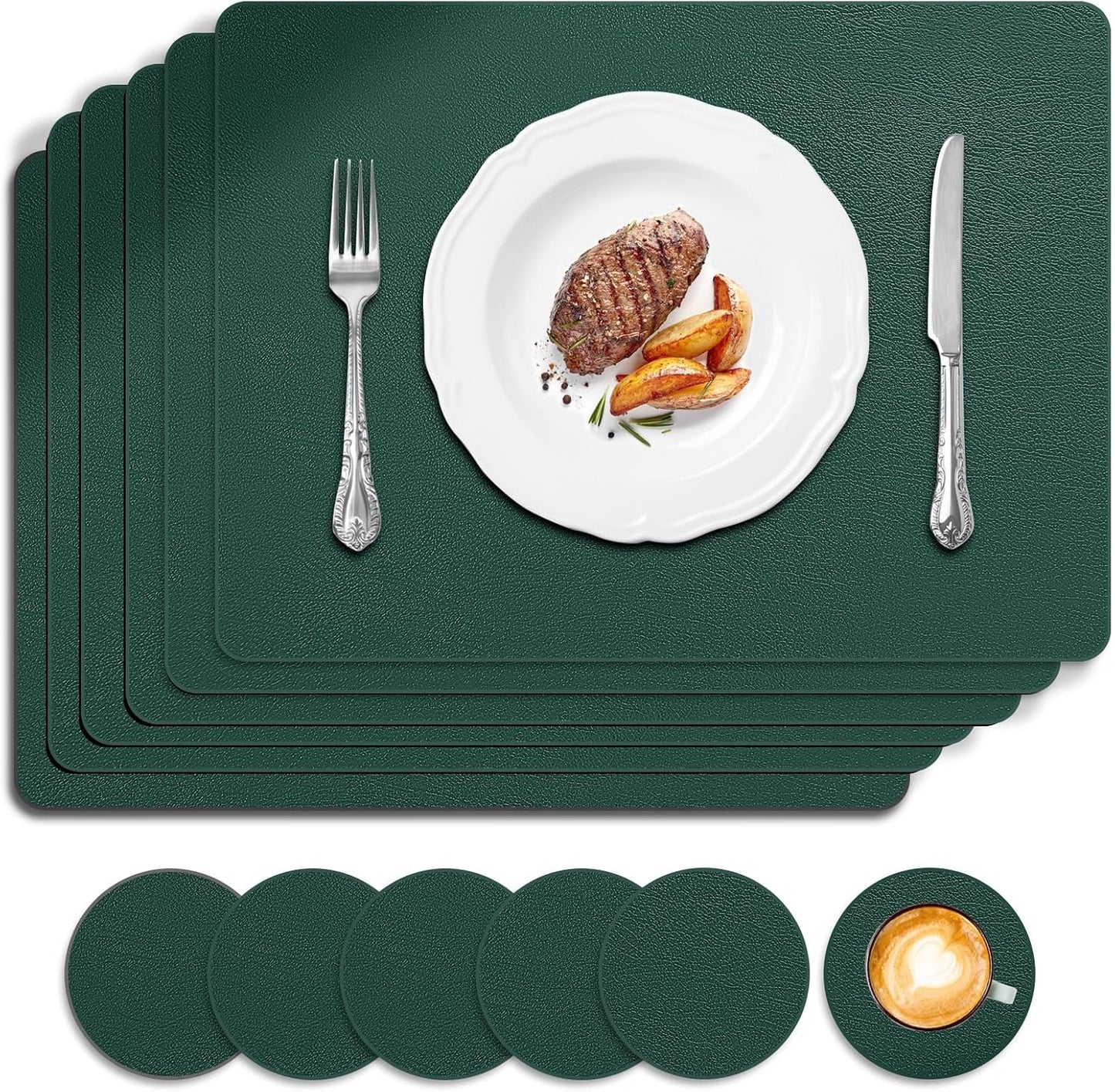 Placemats and Coasters Set of 6, Waterproof、Oil-Proof Wipeable、Anti Slip PVC Leather Place Mats, Heat Resistant Reversible Table Mats for Kitchen, Dining, Outdoor 17’’×12’’, (Dark Green)