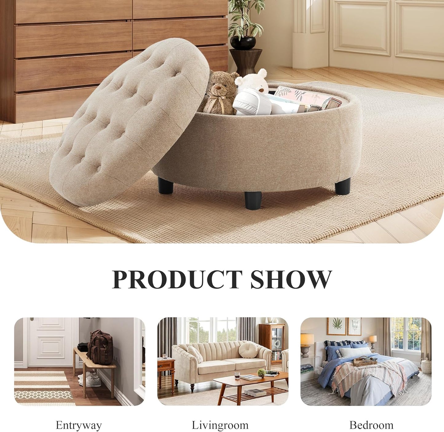COLAMY Fabric Round Storage Ottoman with Reversible Tray Lid – Multi-Functional Footrest, Hidden Storage, Sturdy & Stylish Small Coffee Table for Living Room, Bedroom, or Entryway(Camel)