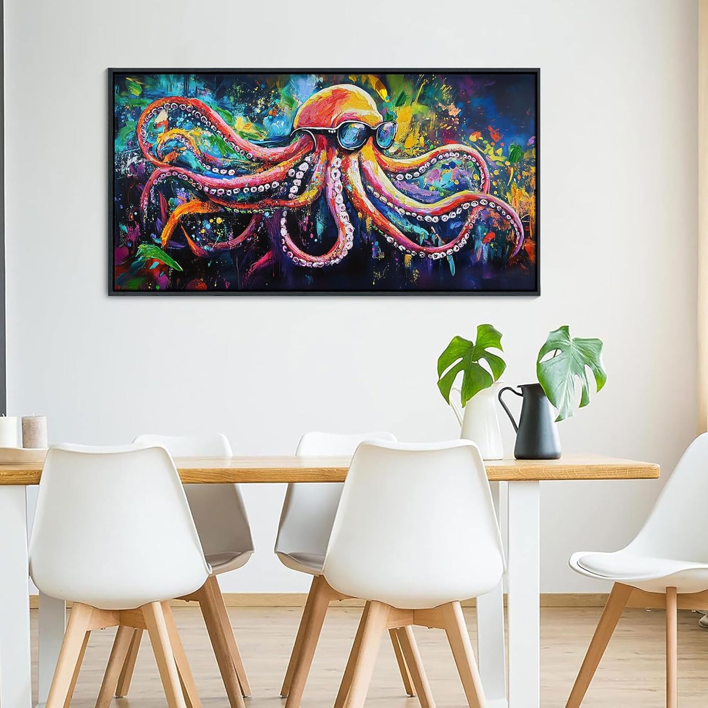 JEAWA Framed Canvas Wall Art, Abstract Octopus Pictures Cool Poster Printing Modern Pop Street Graffiti Art Texture Wall Painting for Living Room Bathroom Bedroom Men Room Home Decor 20x40 IN