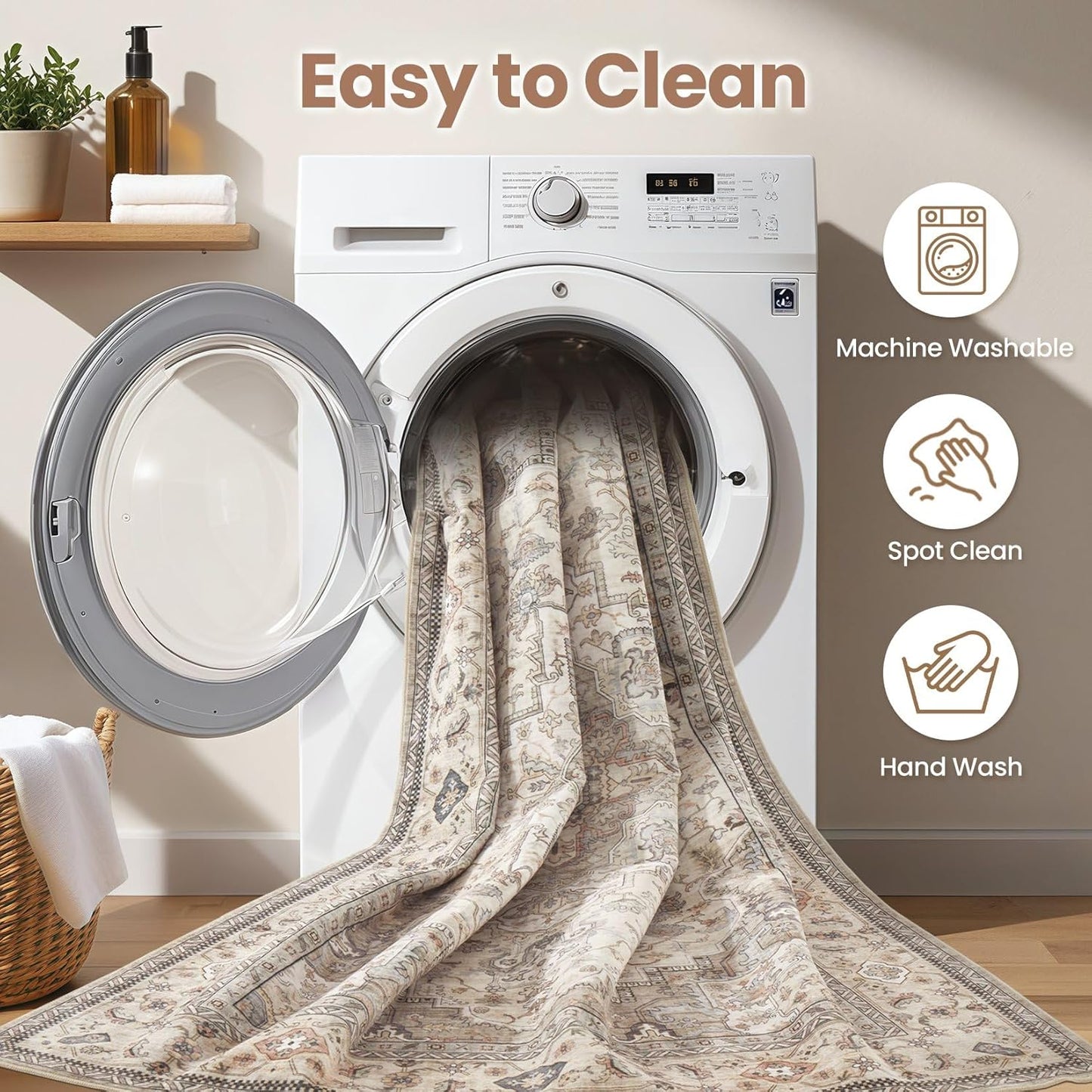 Washable Area Rugs for Living Room - 8x10 Neutral Vintage Distressed Floral Farmhouse Boho Large Soft Floor Rug Indoor Non Slip Carpet for Bedroom Dining Room Office - Brown/Multi