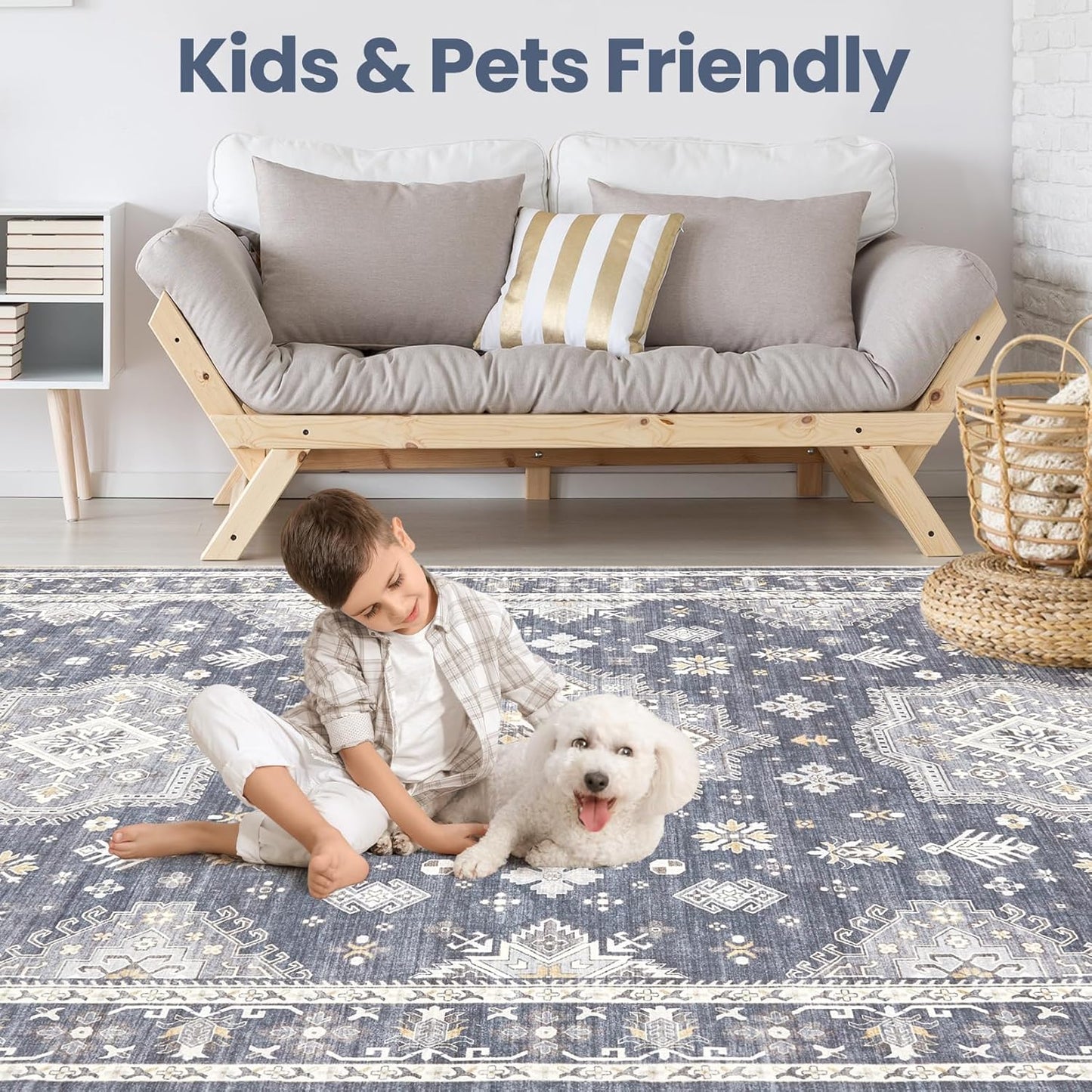 Washable Area Rugs for Living Room - 7x9 Neutral Vintage Distressed Floral Farmhouse Boho Large Soft Floor Rug Indoor Non Slip Carpet for Living Room Bedroom Dining Room Office - Denim Blue/Grey