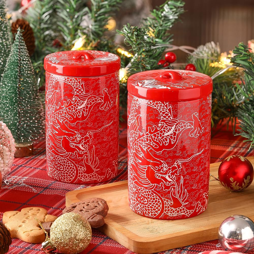 Porlien Chinese Dragon Porcelain 15-ounce Canisters Set of 2, Food Storage Containers with Lid for Coffee Beans, Tea, Condiments & Nuts