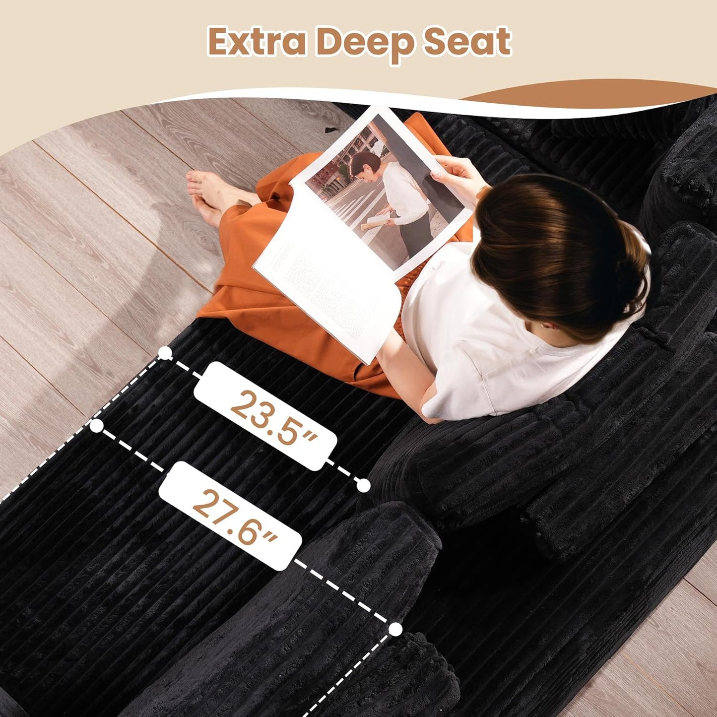 HOOOWOOO Cloud Sectional Couches for Living Room,Modular Sectional Sofa No Assembly,136X70 Inch Plush Corduroy Large U Shape Floor Couch Set with Deep Seat(Black)