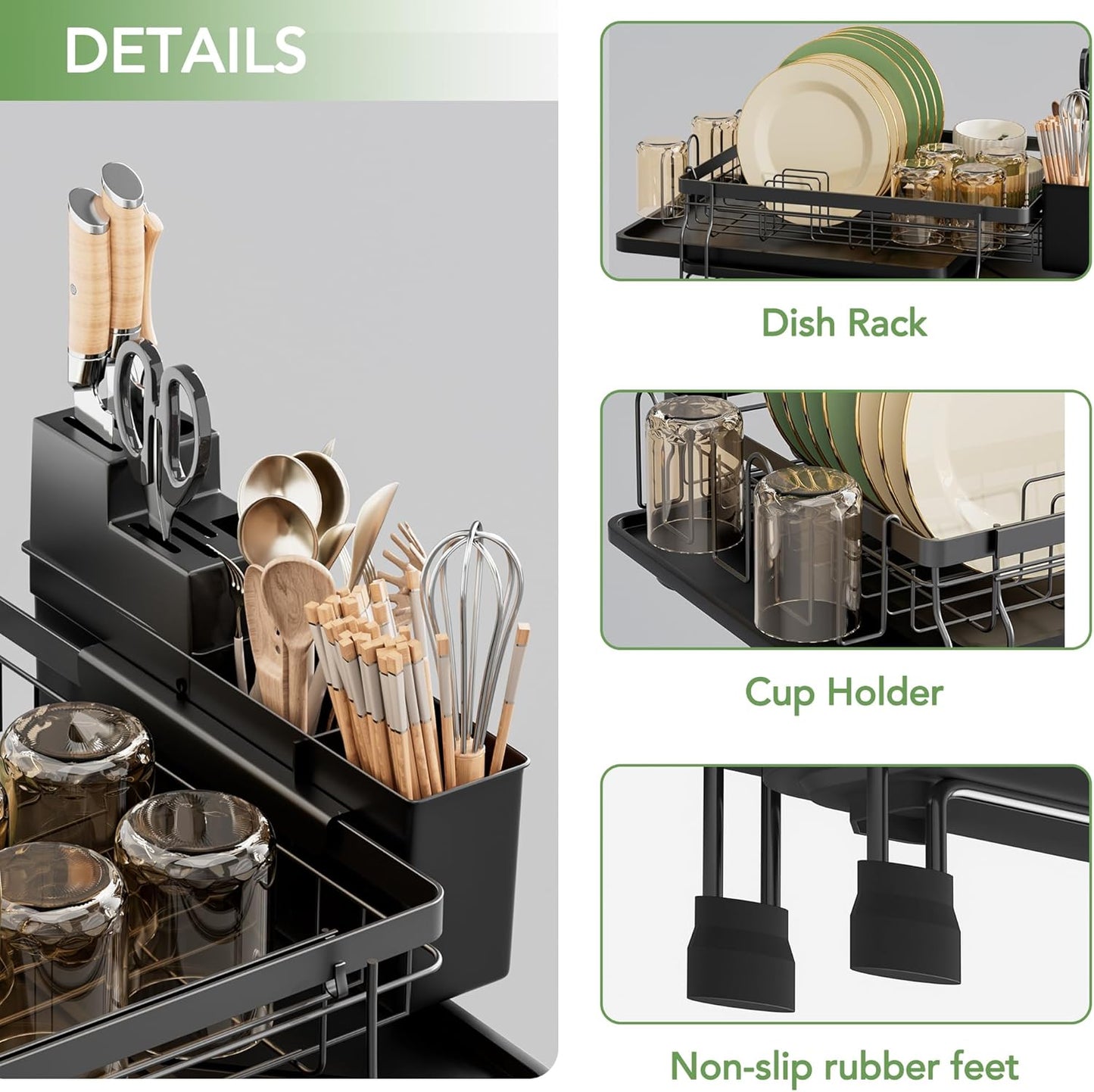 ROTTOGOON Expandable Dish Drying Rack,Multifunctional Adjustable Dish Drainer with Swivel Spout and Anti-Rust Dish Rack with Removable Cutlery & Cup Holders for Kitchen Counter,Black