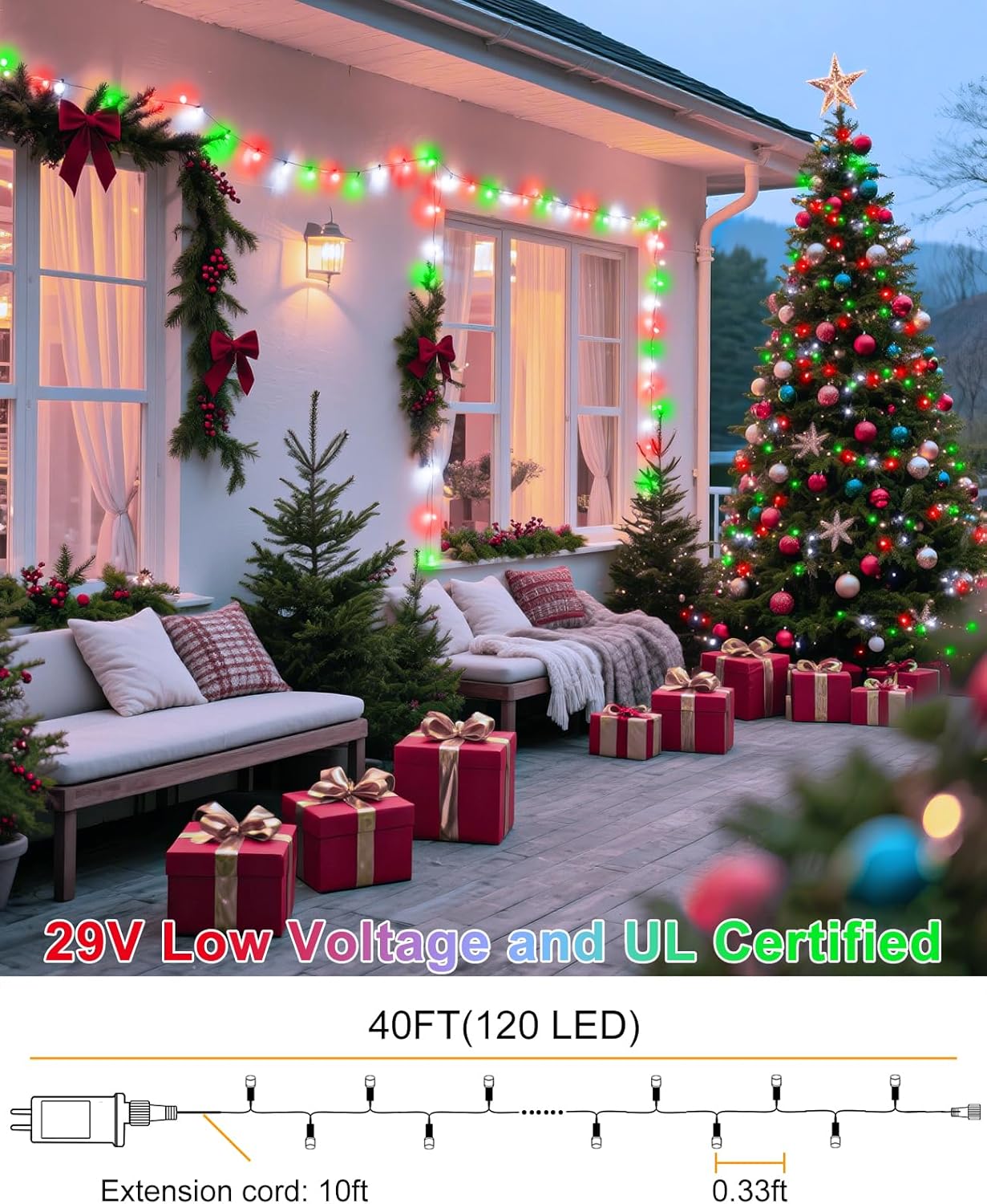Christmas Lights Outdoor 40FT 120 LED, Green Wire Christmas Tree Lights with Waterproof, 8 Modes & Timer, Connectable String Twinkle Light for Indoor Yard Party Holiday Decorations, Red White Green