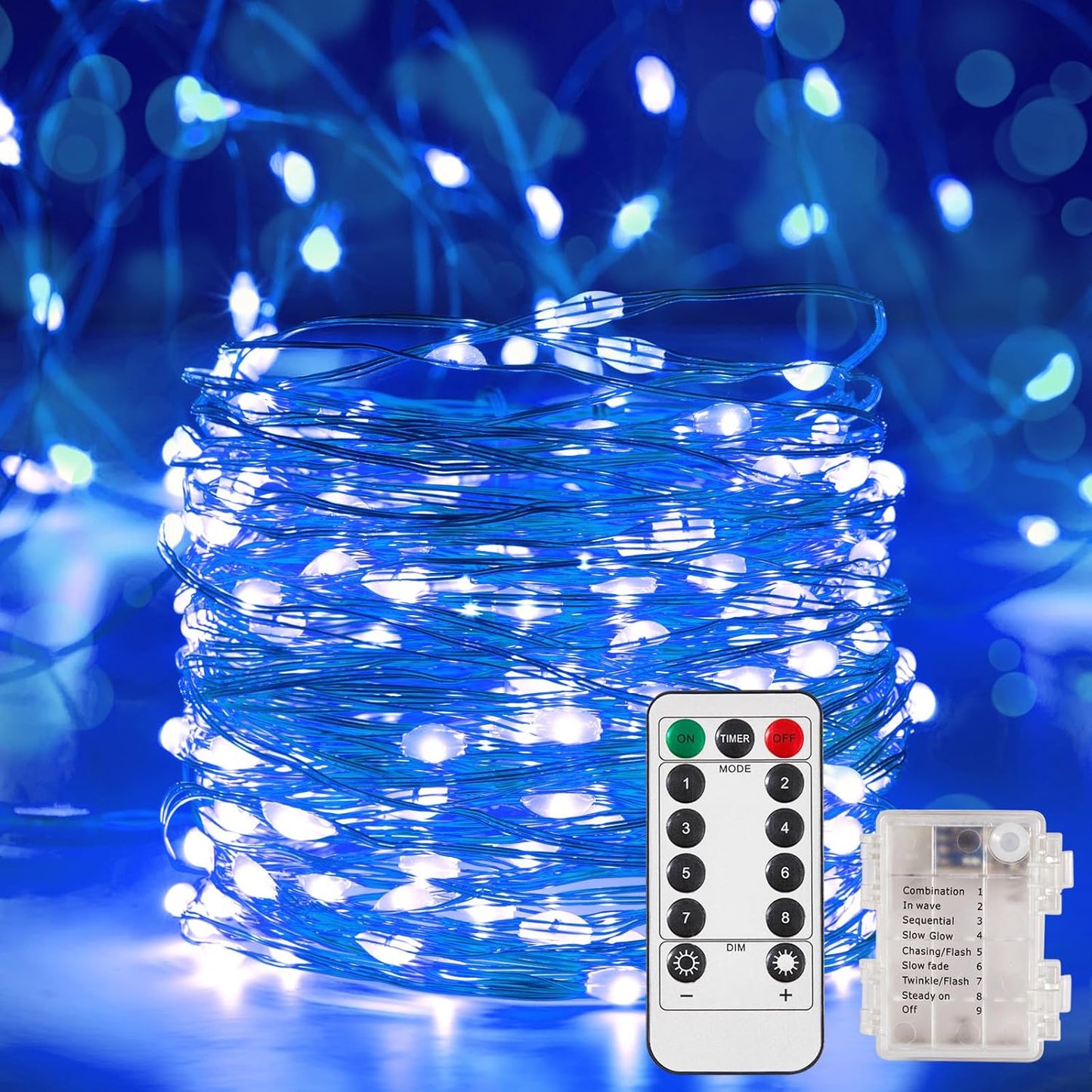 4 Pack 16.4 Ft. Battery Operated Outdoor String Lights with Remote & Timer, LED Blue Fairy Lights, Waterproof Twinkle Lights for Bedroom, Dorm, Mason Jar, Wedding, Party, Christmas