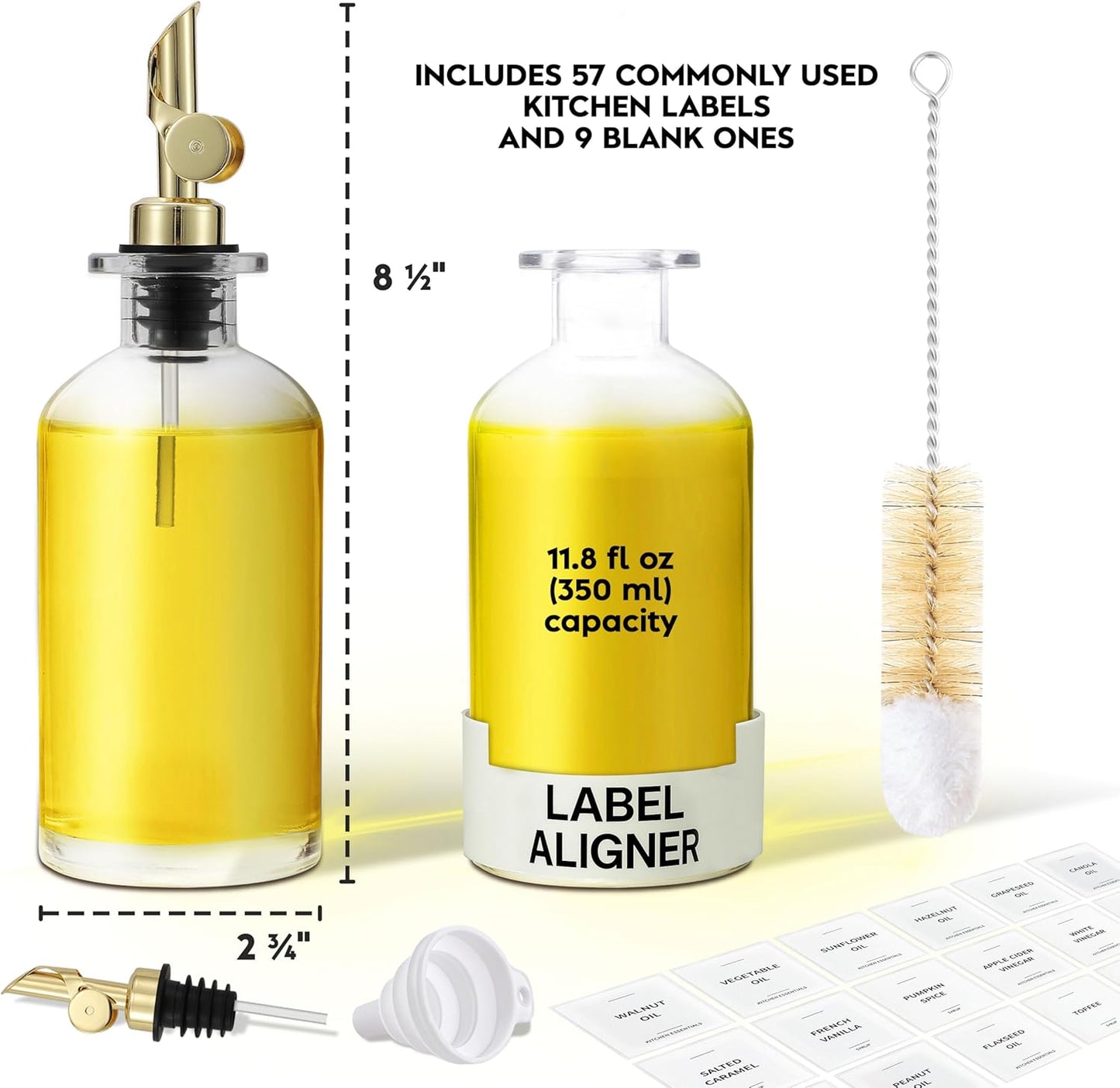 Olive Oil Dispenser Bottle - Includes 55 Kitchen Essential Labels - Cooking Oil Bottles for Kitchen, Coffee Syrup Dispenser - Pourer Spout with 11.8 fl oz Glass Container Cruet - 2pcs, Gold