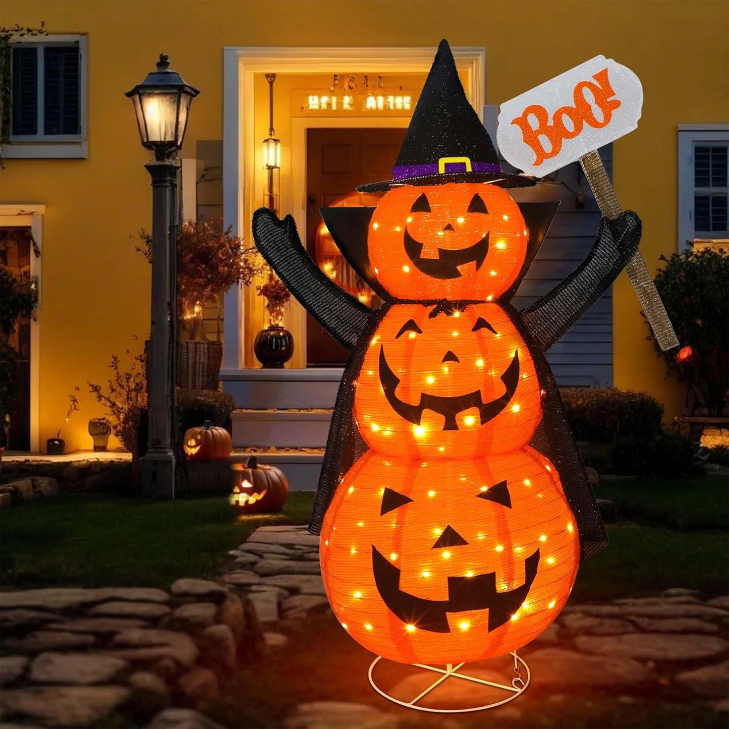 Halloween Decoration 4.3FT Retractable Jack-O-Lantern, 100 LED Collapsible Pumpkin Lantern with Black Star Hat, Plug in Halloween Lights with Stand for Indoor Outdoor Lawn Backyard Garden Decor