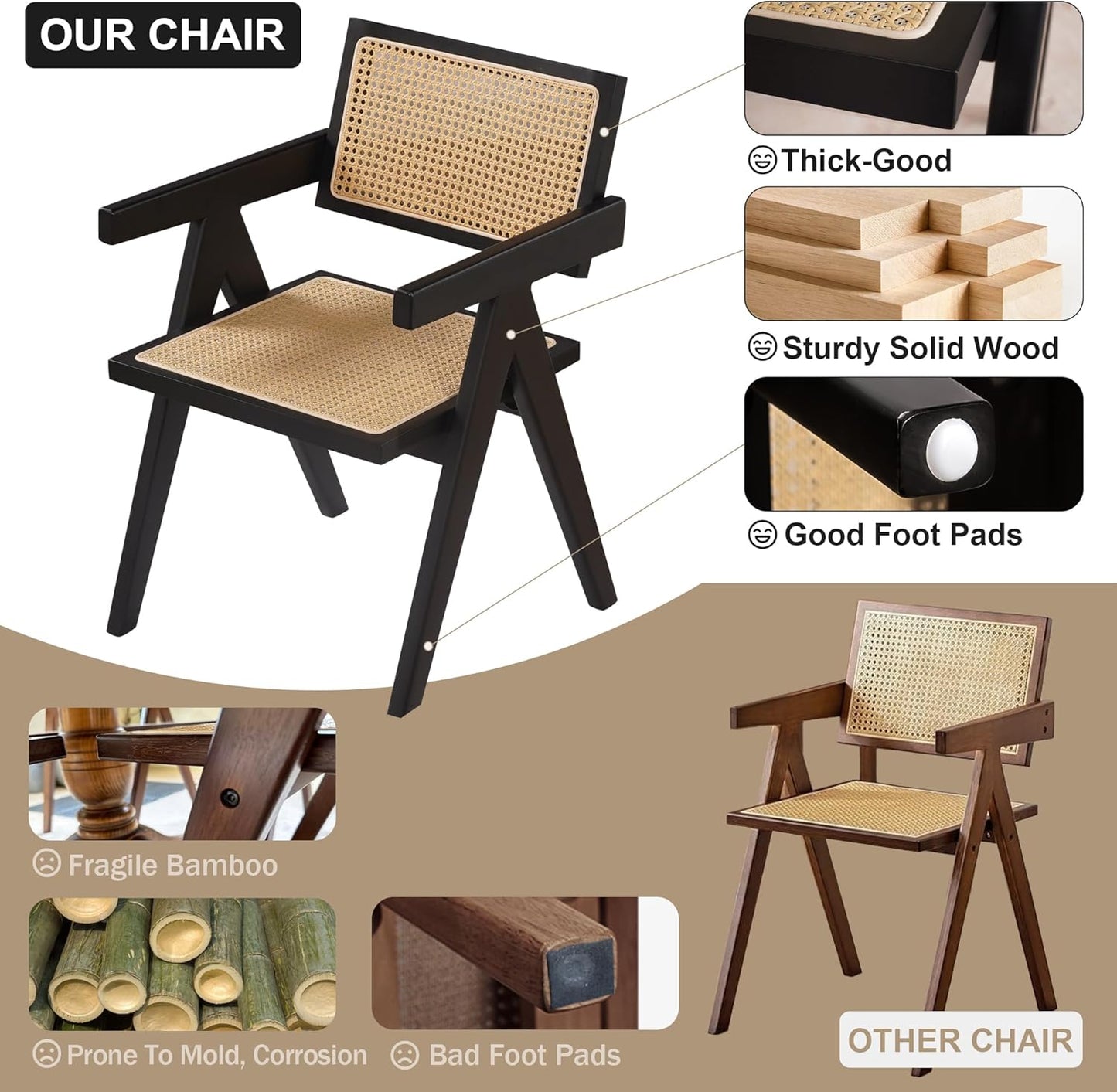 Rattan Dining Chairs Set of 2, Kitchen Chairs Cane for Dining Room, Black