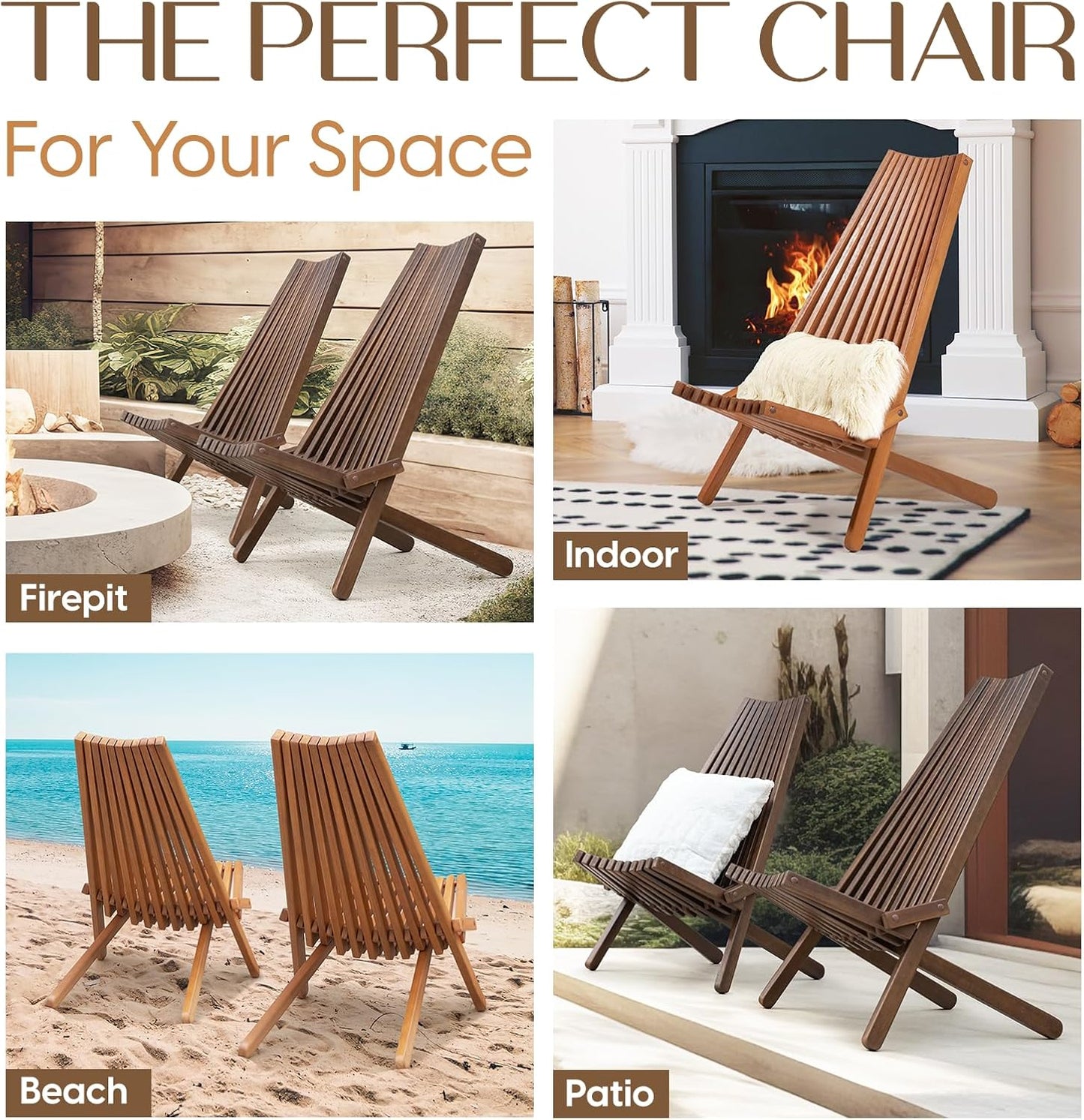 IDZO Elina FSC Eucalyptus Tamarack Chairs, 300Lbs Capacity Modern Adirondack Style, Wooden Folding Seats, for Fire Pit Outdoor & Indoor - Cinnamon, Set of 2