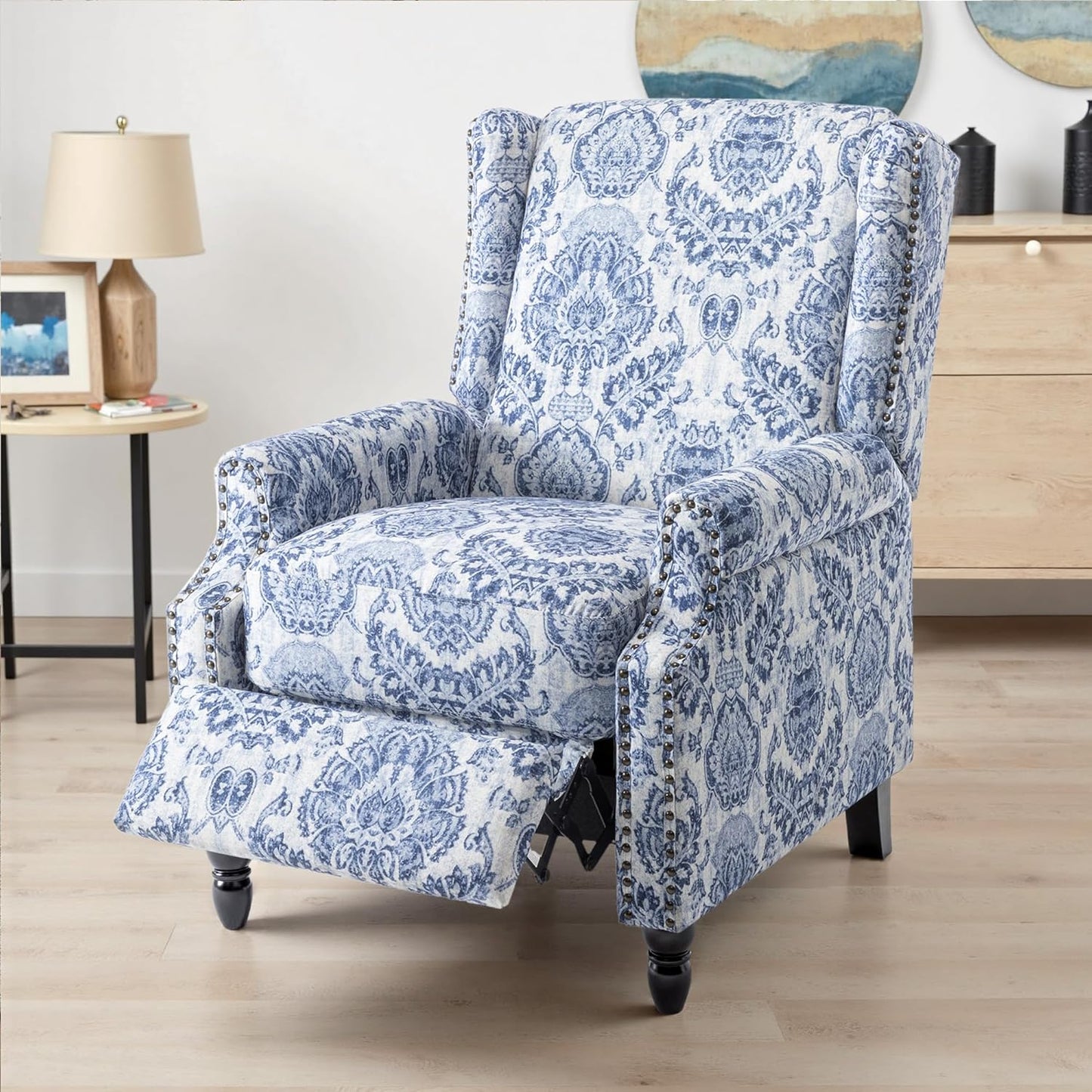 UIXE Floral Pushback Recliner Chair, Fabric Upholstered Armchair Push Back Accent Chair for Living Room, Rivet Trim Club Chair Home Theater Single Sofa Reading Seat - Navy Blue
