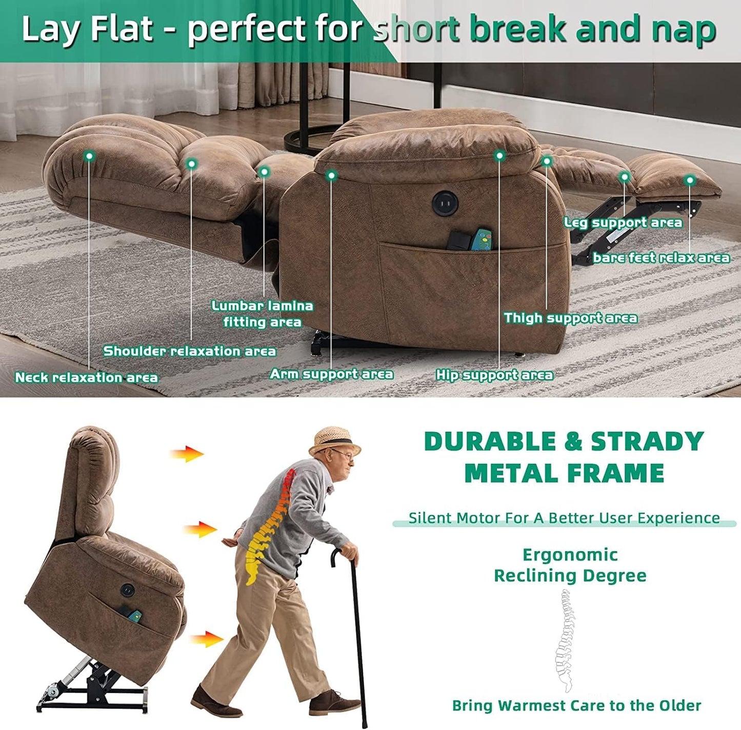 VIVIJASON Large Dual OKIN Motor Power Lift Recliner Chair for Elderly Big Man, 180° Lay Flat Electric Recliner with Heat & Massage, Infinite Position, 2 Remote Controls, Side Pockets & USB Port, Brown