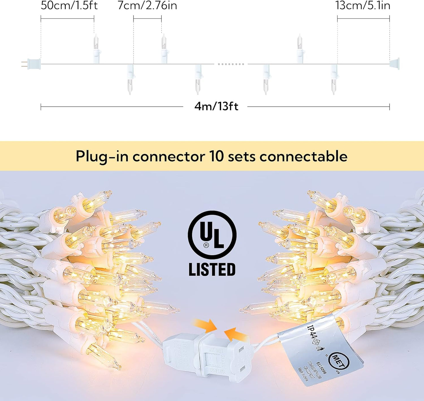 Clear Christmas Lights Set with White Wire,50Count 13Feet Incandescent Bulb Mini String Lights for Indoor Christmas Tree Garland Birthday Wedding Party Festival Decoration, Warm White