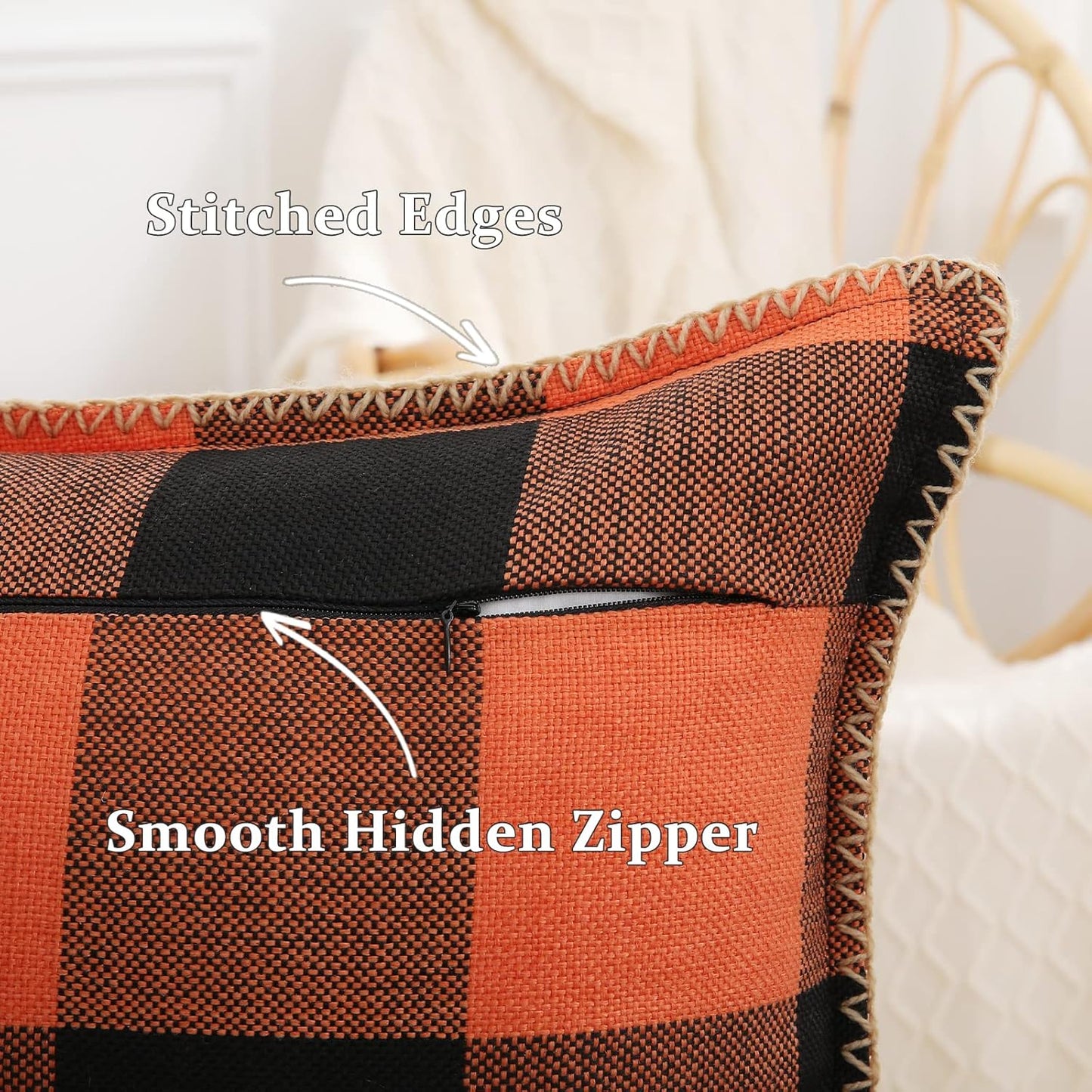 decorUhome Fall Orange and Black Decorative Throw Pillow Covers 18x18 Set of 2, Buffalo Plaid Check Farmhouse Cushion Covers with Stitched Edge for Autumn Harvest Couch Sofa Bed Home Decor