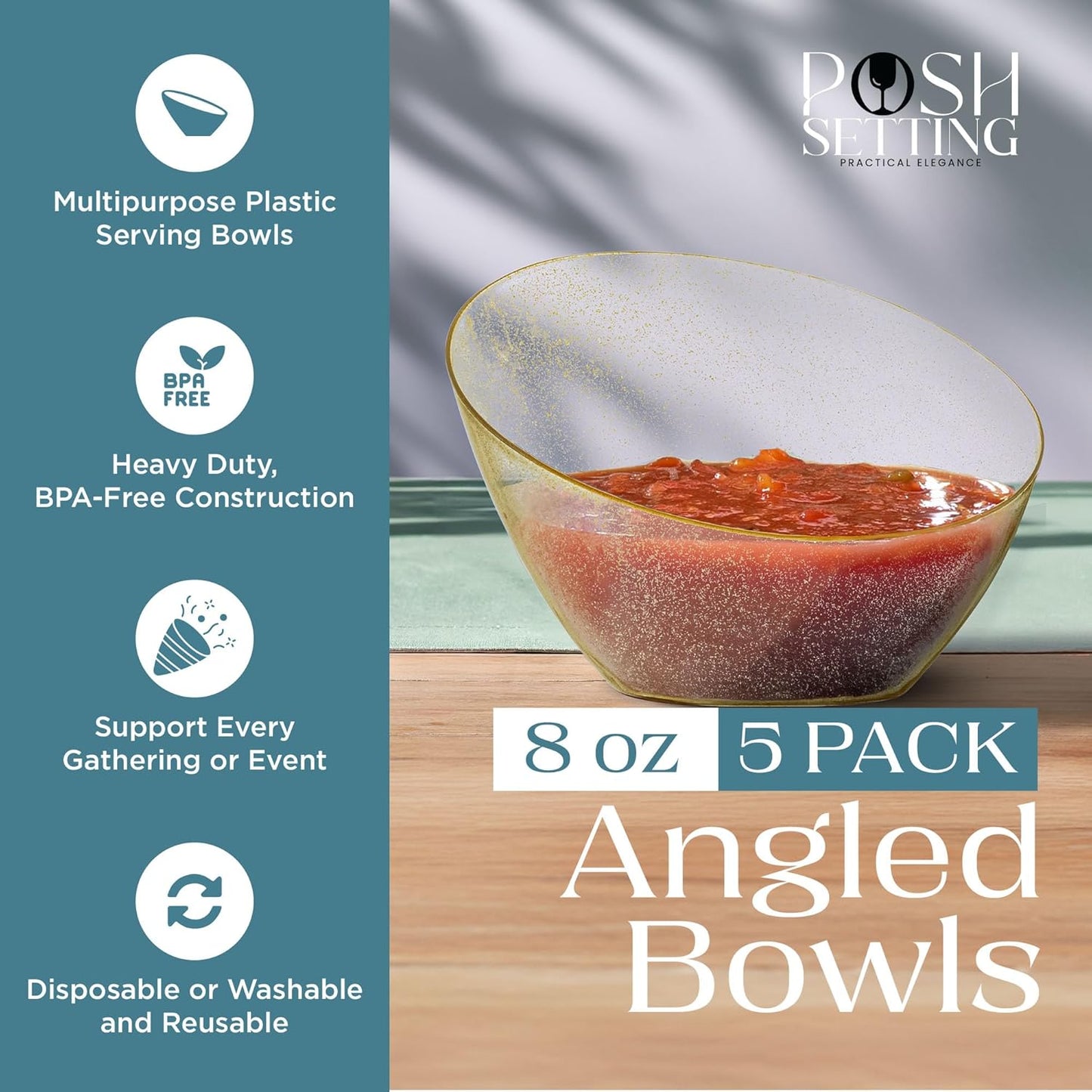 Posh Setting Gold Plastic Serving Bowls - Angled, Disposable for Chips, Candy, Salad, Fruit - Wedding and Party Table - Gold Glitter, 8 OZ, 5 Pack