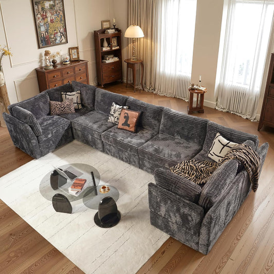 ovios Sectional Sofa Couch with U-Shape Chaise Oversized, Comfy Modular Cloud Couches with Deep Seat, Modern Upholstered Plush Corduroy Sofas Set for Living Room, 7-Seater, Grey