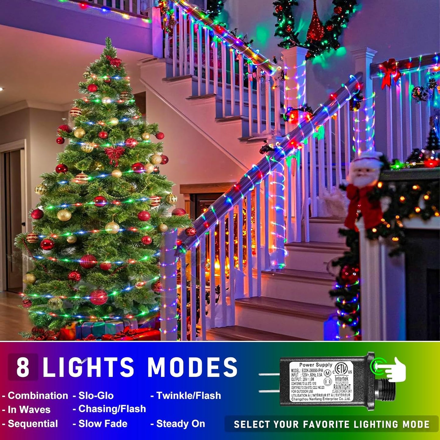 Rope Lights Outdoor, 66FT 200 LED Rope Lights for Indoor with Waterproof 8 Modes, Connectable Clear Tube Lights for Outside, Garden, Patio, Pool, Tree, Party Decorations - Multicolor