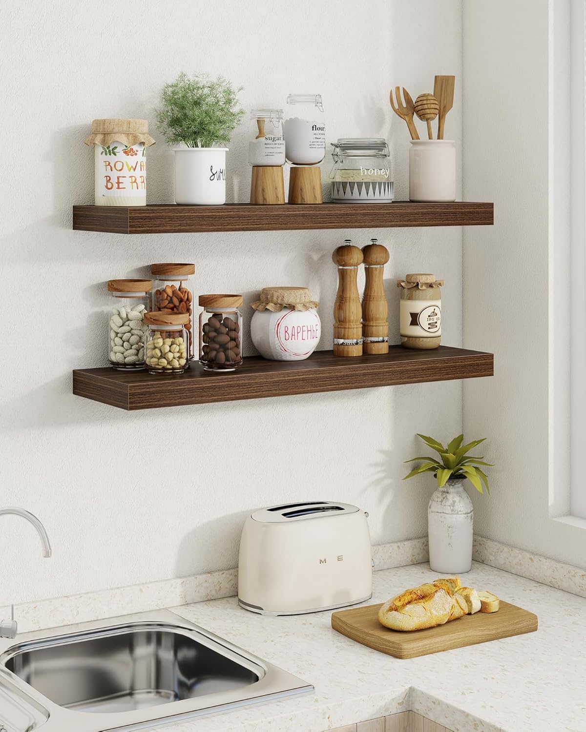 Marsmiles 16" Floating Shelves for Wall, Wooden Shelves with Invisible Brackets Set of 2, Rustic Farmhouse Wall Mounted Shelf for Kitchen Bathroom Living Room Study, Walnut