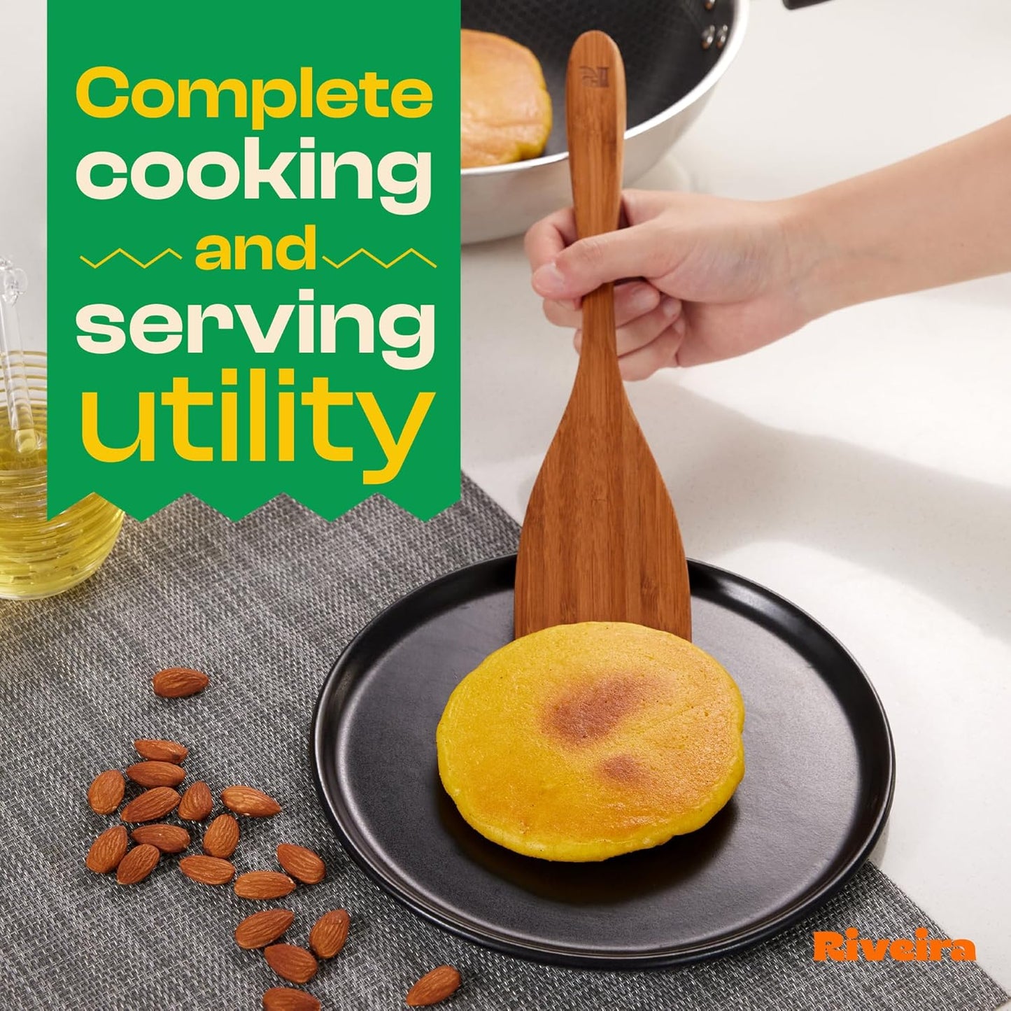 Riveira Brown Bamboo Wooden Spoons for Cooking Set of 6 – Natural Brown Bamboo Wooden Cooking Utensils, Wooden Spatula, Wooden Spoon - Premium Quality Wooden Utensil Set for Non-Toxic Cooking