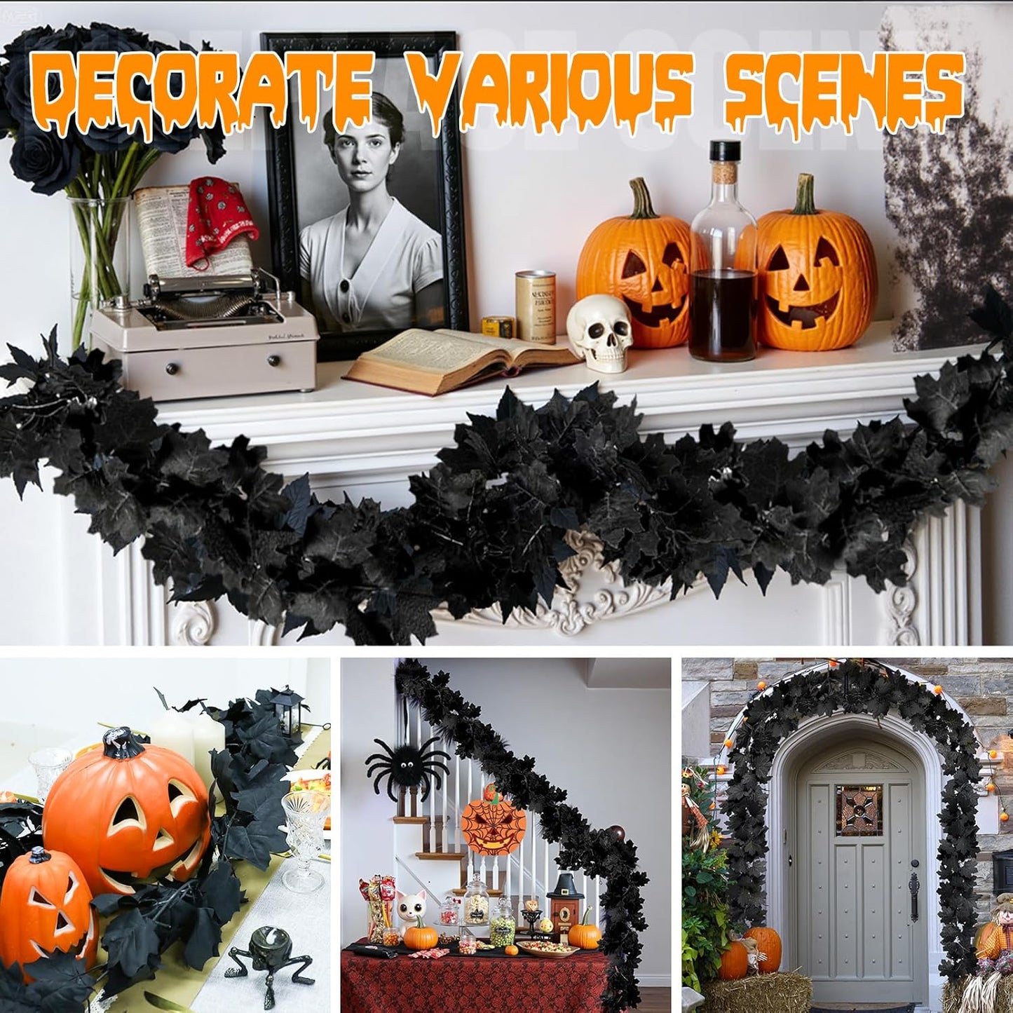 Joyhalo 6 Pack 5.7FT Black Maple Leaf Garland,Halloween Artificial Hanging Black Vines,Halloween Outdoor Garland for Mantle,Door Frame,Fireplace and Thanksgiving Decor