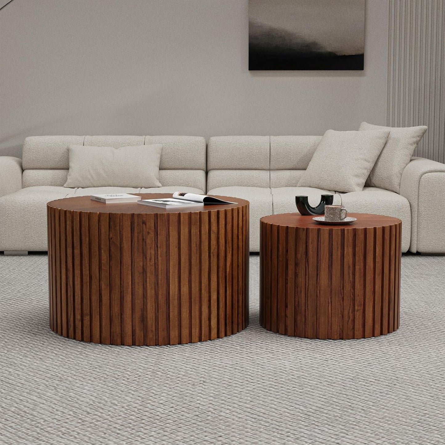 Round Coffee Table Set of 2, Nesting Coffee Table and End Table Set Small Circle Drum Side Table for Living Room Office, No Assembly (C Walnut Large)