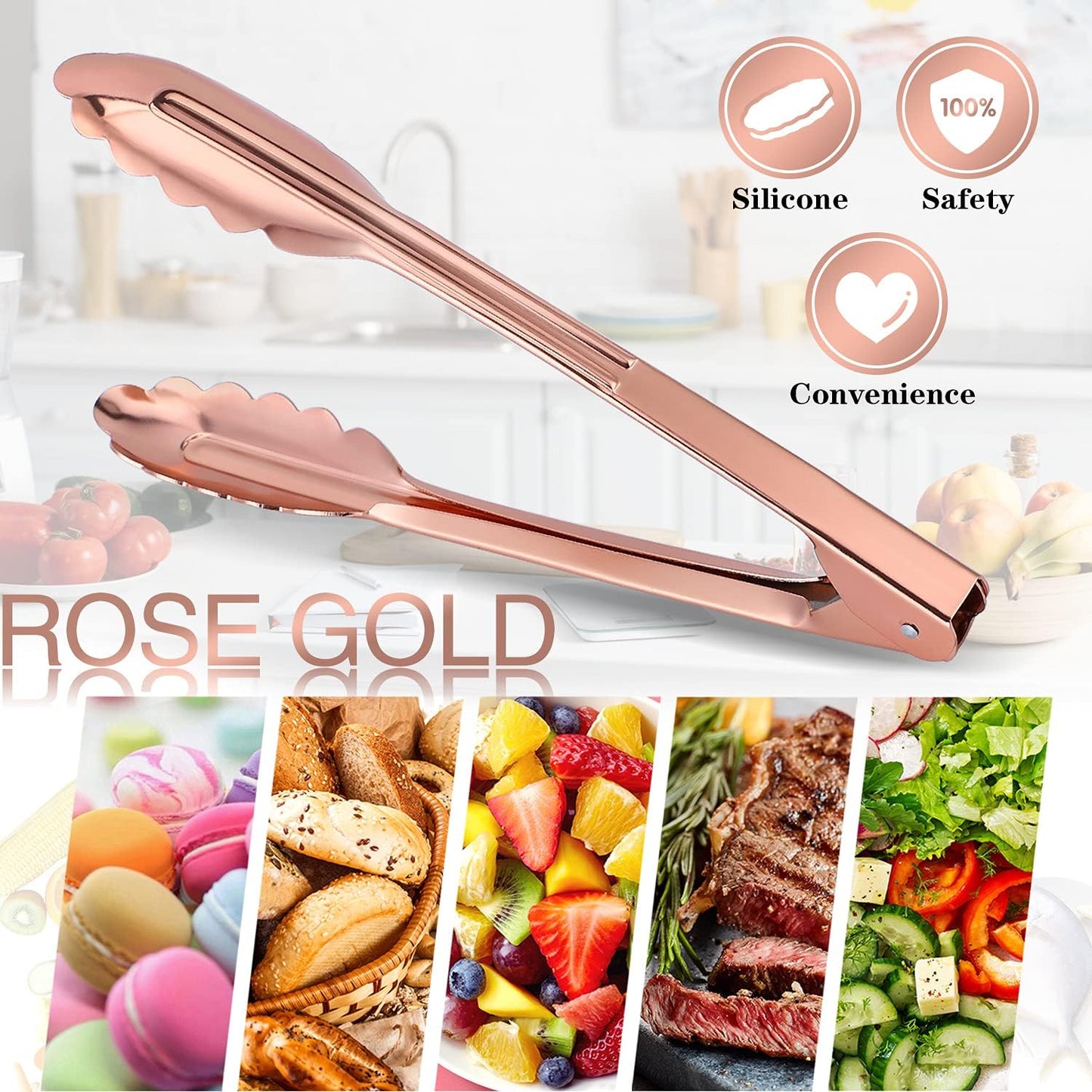 MSY BIGSUNNY 9 Inch Kitchen Food Tongs for Cooking and Serving Tongs- Aluminum - Set of 3 (pink gold)