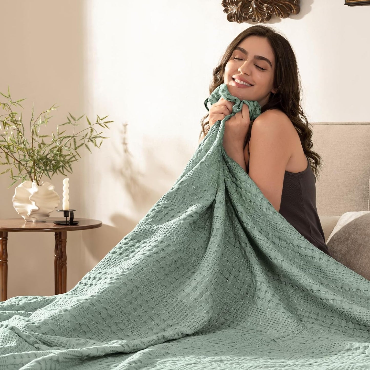 PHF Cooling Waffle Blanket King Size, Lightweight 60% Rayon Derived from Bamboo & 40% Cotton Breathable Blanket for Hot Sleepers, Soft and Luxury for Bed Couch and Sofa, 104"x90", Sage Green