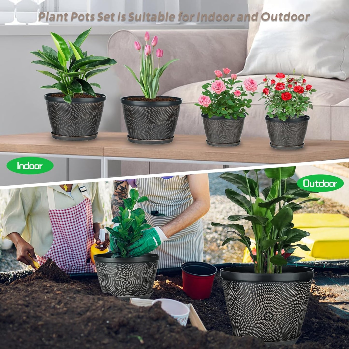 Quarut 10 Inch Flower Pots for Outdoor Indoor, 3 Pack Plastic Plant Pots with Drainage Hole & Tray, Modern Decorative Garden Pot with Saucer, planters for House (Black Copper)