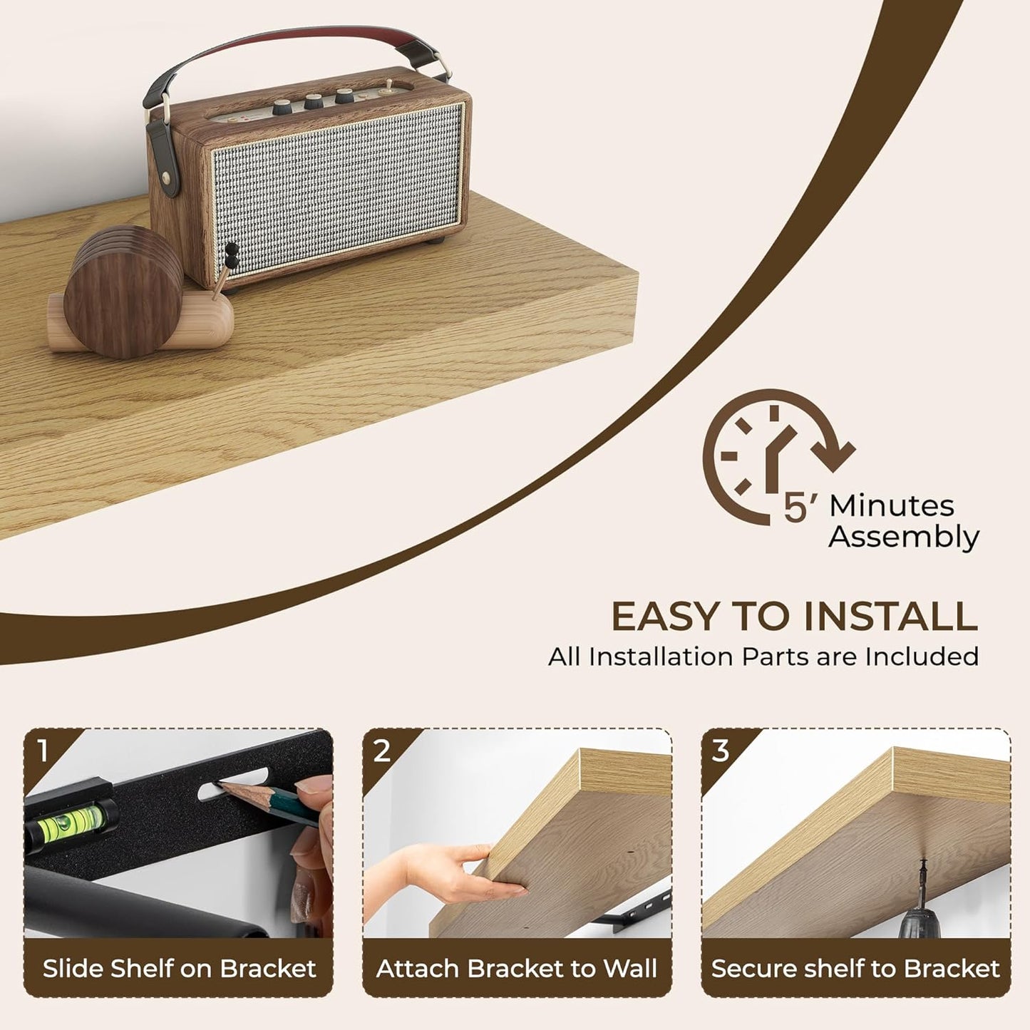 RICHFOCUS 48Inch Floating Shelves for Wall 1 Pack Shelves for Bedroom|Kitchen|Bathroom Wall Mounted Rustic Wood Floating Shelf with Invisible Brackets for Books|Storage|Decor, Oak