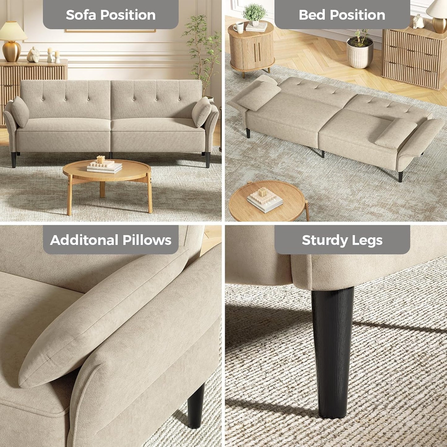 89” Futon Sofa Bed, Velvet Fabric Comfy Futon Couch Bed with 2 Square Pillows, Convertible Sleeper Sofa with Adjustable Backrest& Armrests, Modern Loveseat Sleeper for Living Room, Beige