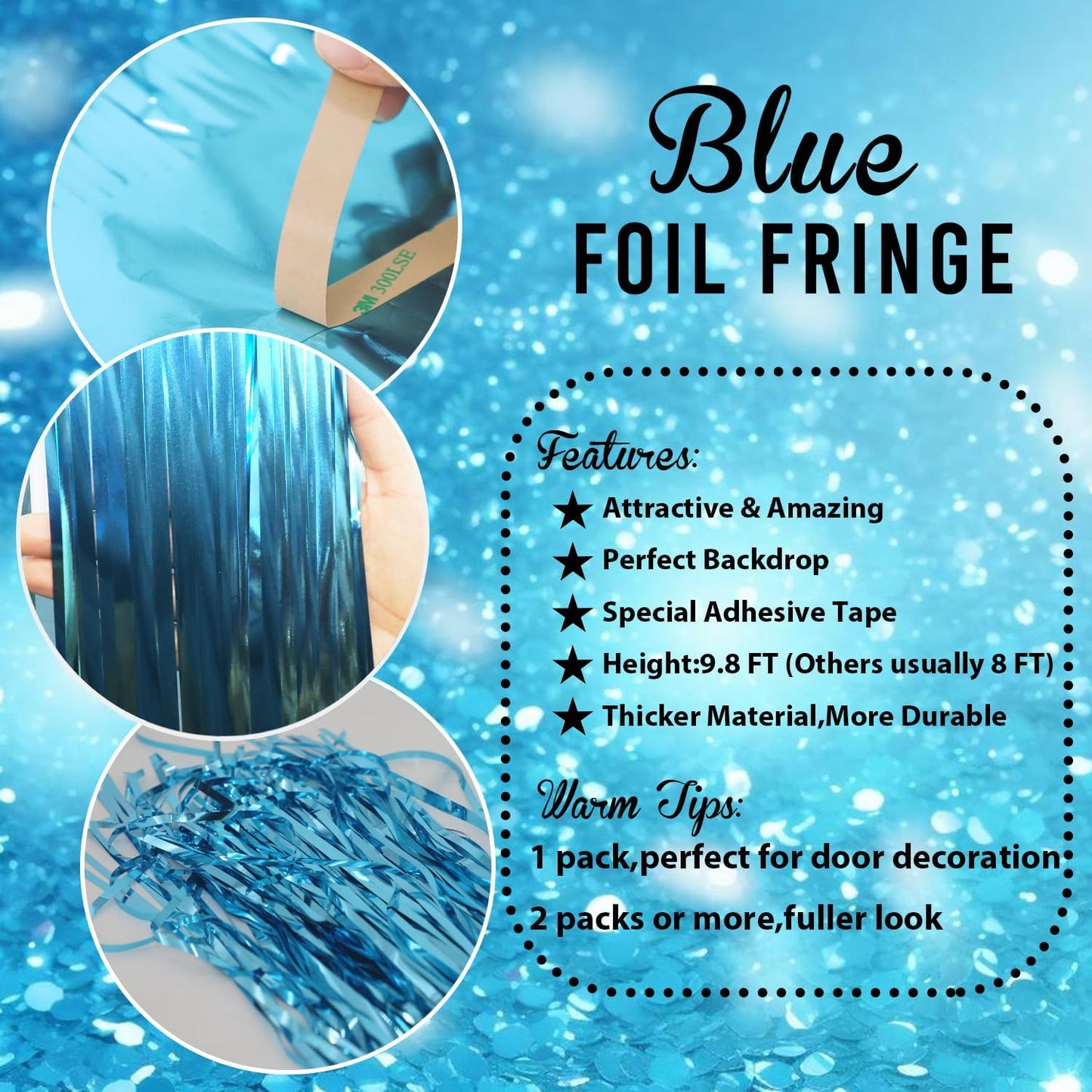 GOER 6.4 ft x 8.2 ft Metallic Tinsel Foil Fringe Curtains,Pack of 2 Party Streamer Backdrop for Birthday,Graduation Decorations and New Year Eve (Light Blue)