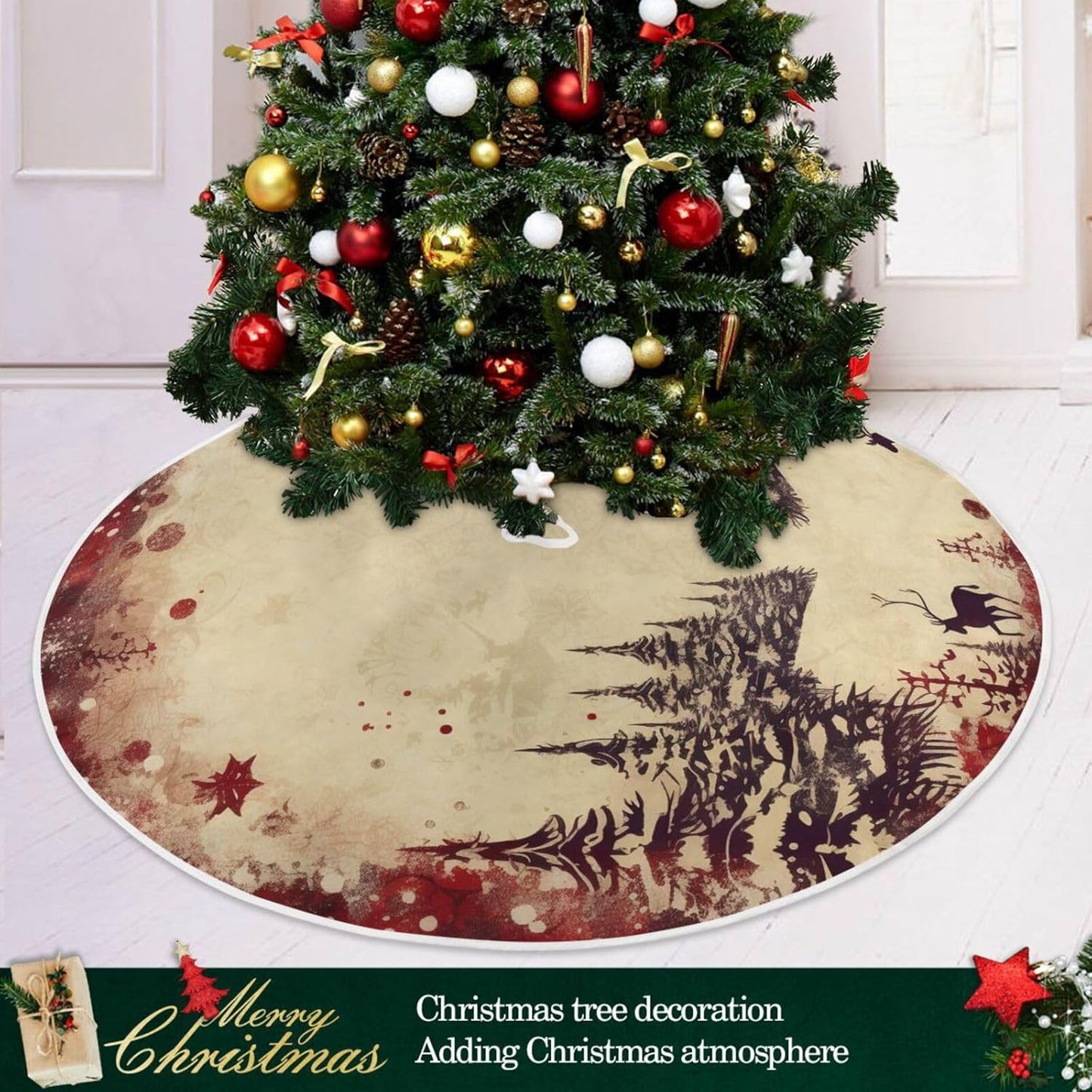 Vintage Red Elk Christmas Tree Skirt - 48 Inch Xmas Tree Mat for New Year Party Decorations