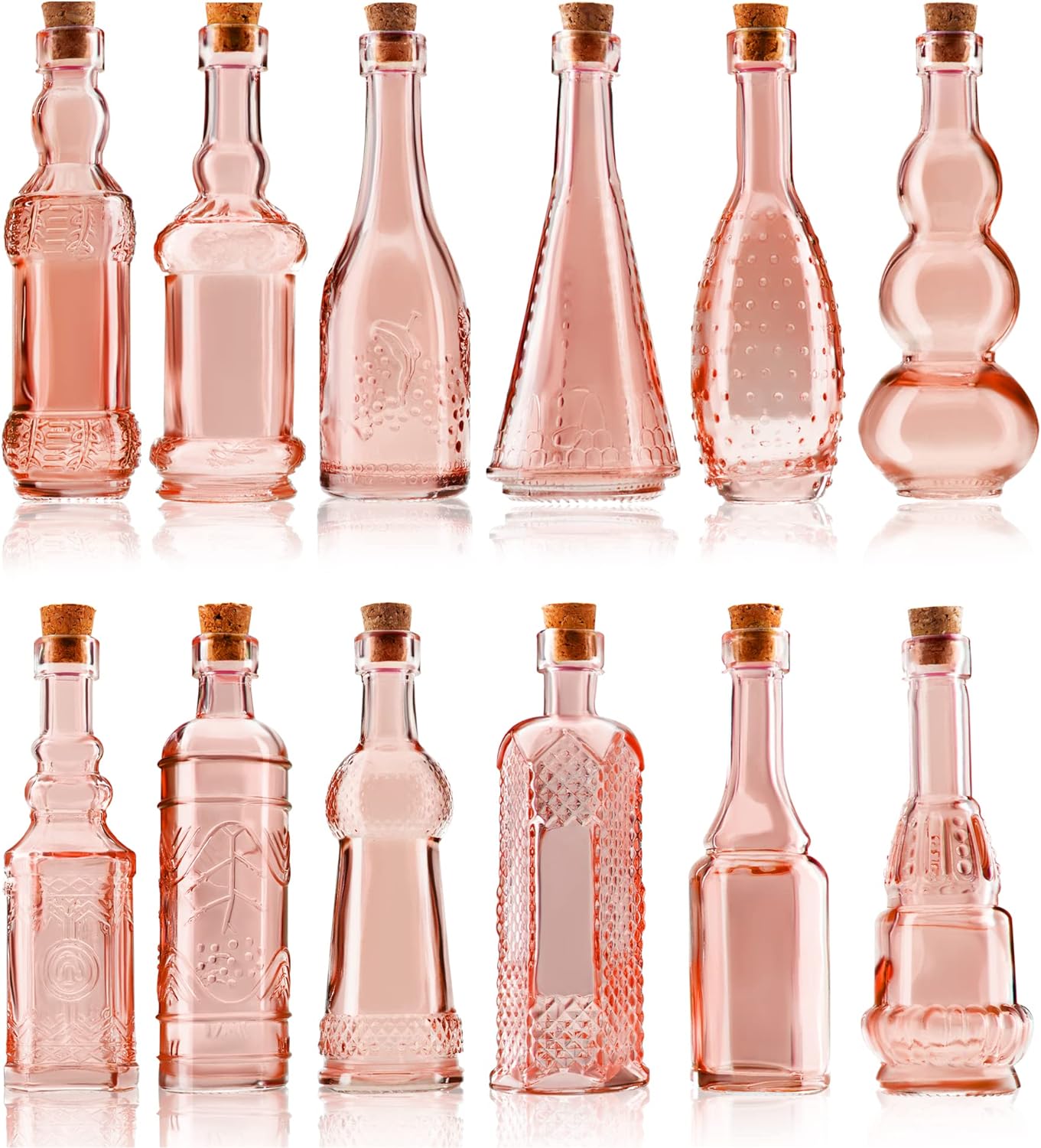 Small MIni Reddish Vintage Glass Bottles with Corks, MIni Vases, Decorative, Potion, Assorted Design Set of 12 pcs, 4.6 Inch Tall (11.43cm), 1.4 Inch Wide (3.56cm)