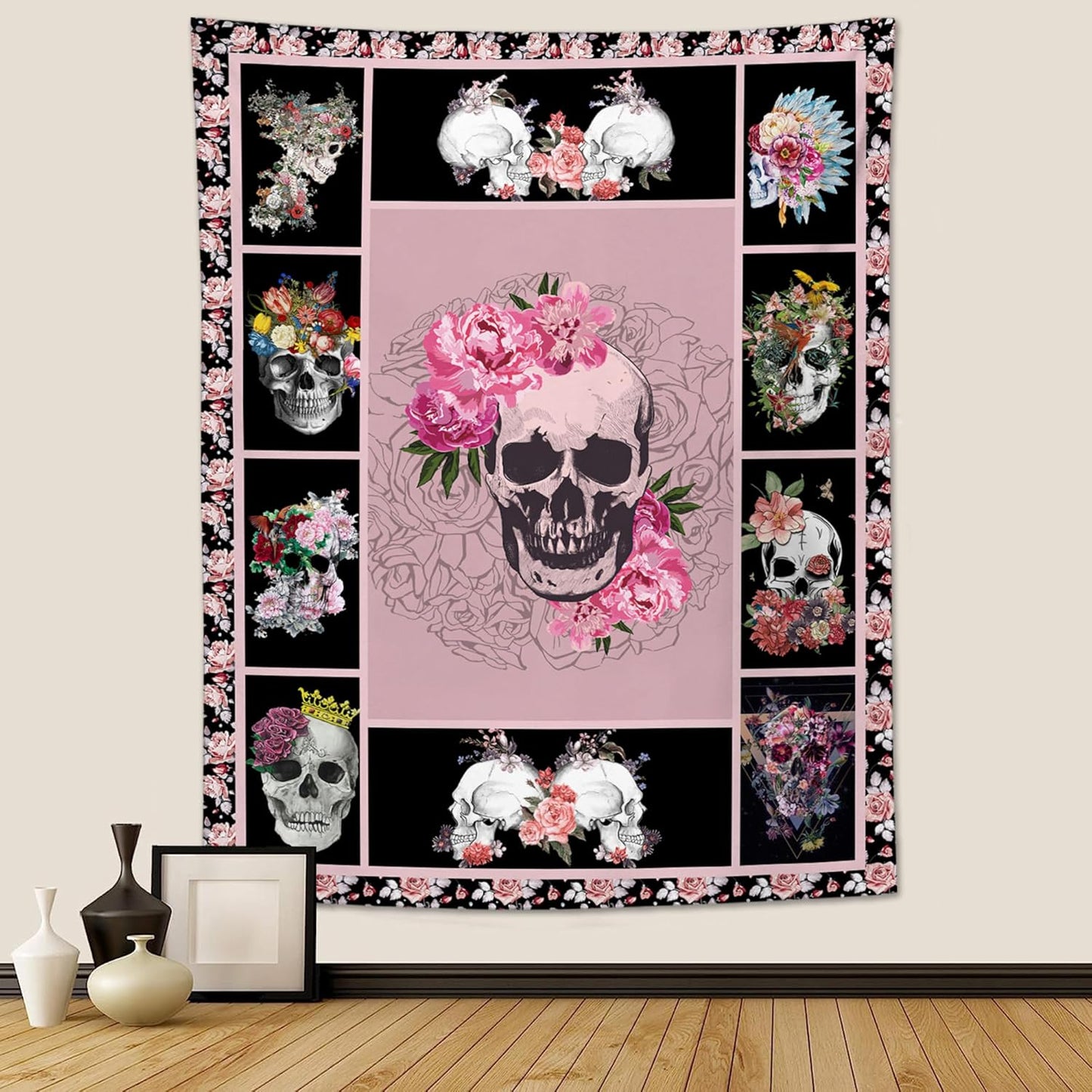 yowecso Sugar Skull Tapestry Horror Skeleton Tapestry Wall Hanging for Bedroom Rose Skull Tapestries Aesthetic Wall Decor for Home Dorm Living Room 40"x60"