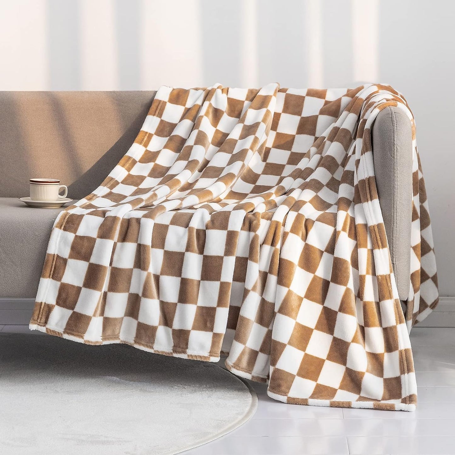 LOMAO Throw Blankets Flannel Blanket with Checkerboard Grid Pattern Soft Throw Blanket for Couch, Bed, Sofa Luxurious Warm and Cozy for All Seasons (Khaki, 90"x90")
