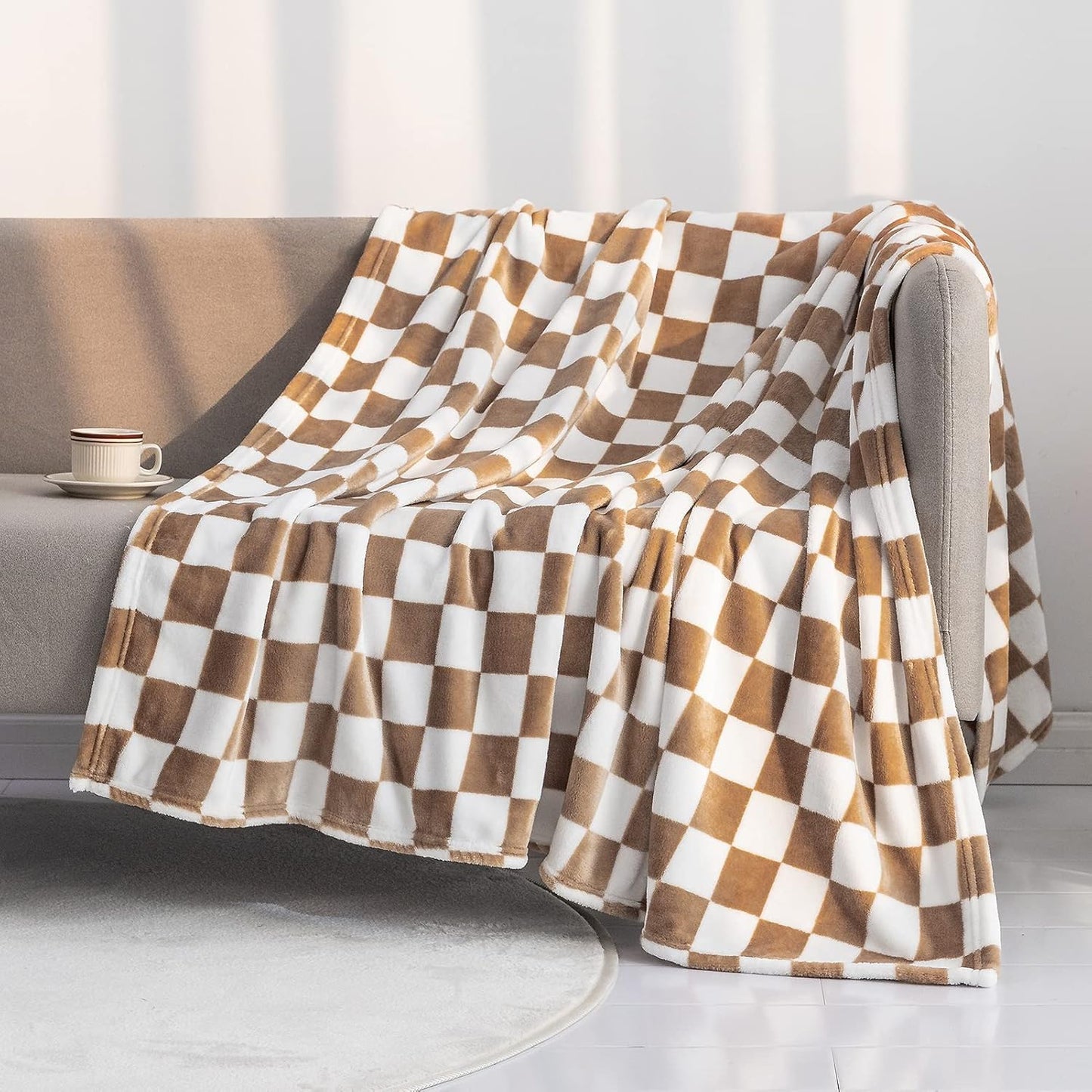 LOMAO Throw Blankets Flannel Blanket with Checkerboard Grid Pattern Soft Throw Blanket for Couch, Bed, Sofa Luxurious Warm and Cozy for All Seasons (Khaki, 50"x60")