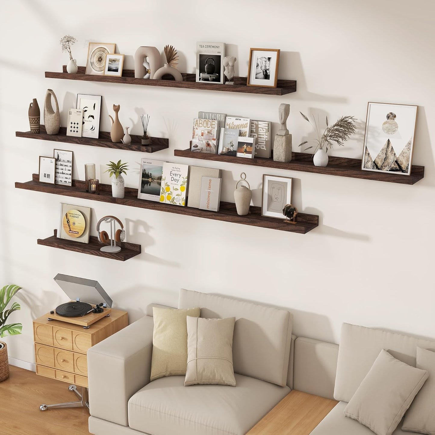 Floating Picture Ledge Shelves 72 Inch Solid Oak Wood Set of 2, Rustic Wall Storage Shelves with Lip, Kids Bookshelf, Photo & Picture Ledge Shelves for Bedroom, Living Room, Kitchen