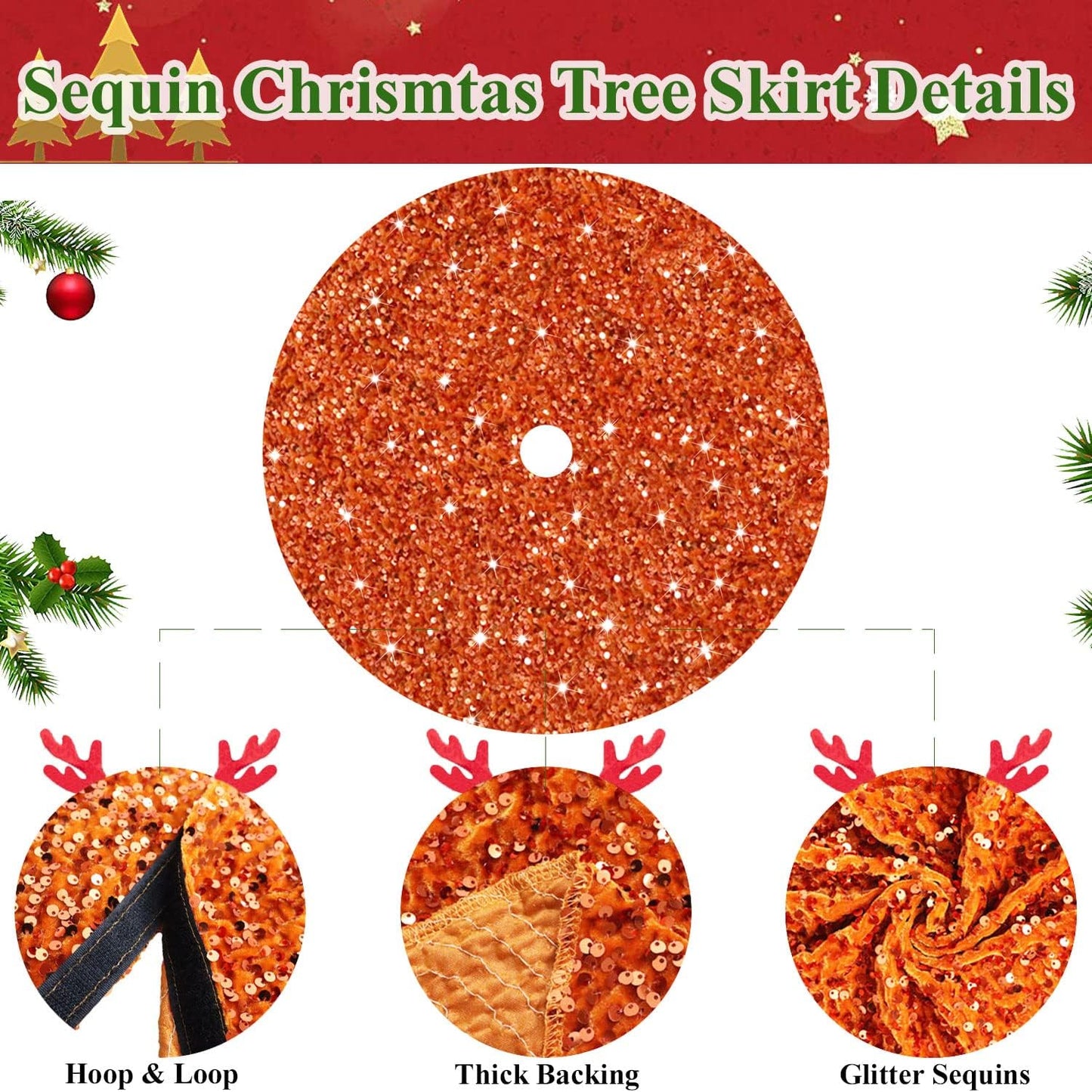 36 Inch Christmas Tree Skirt Sequin Burnt Orange Xmas Tree Skirt Halloween Christmas Tree Skirts Shimmer Tree Skirts Christmas Decoration Sparkle Tree Base Cover for Christmas Halloween Party Decor